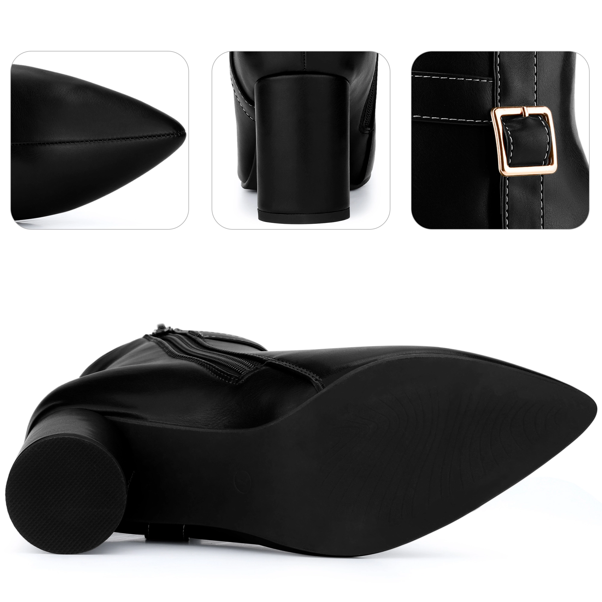 BLISSFUL STEP Women Faux Leather Pointed Toe Chunky Heel Side Zipper Ankle Boots