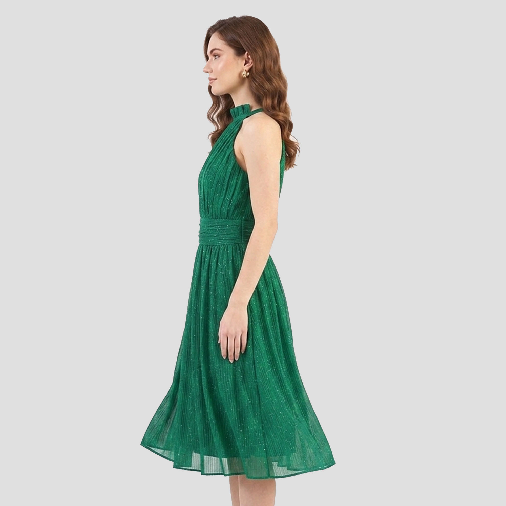 Artyska Women's Shimmer Halter Neck Sleeveless Pleated Bodice  Midi Dress
