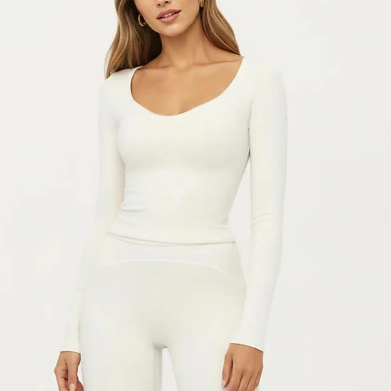 Anna-Kaci Women's Long Sleeve Cropped Top with V Neckline Contrast Trim and Smooth Stretch Fit