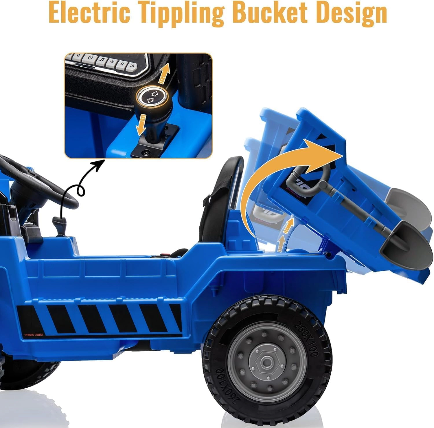 12V Kids Ride On Dump Truck, 4WD Electric Construction Vehicle w/Remote, Bed, Shovel, Music & Lights