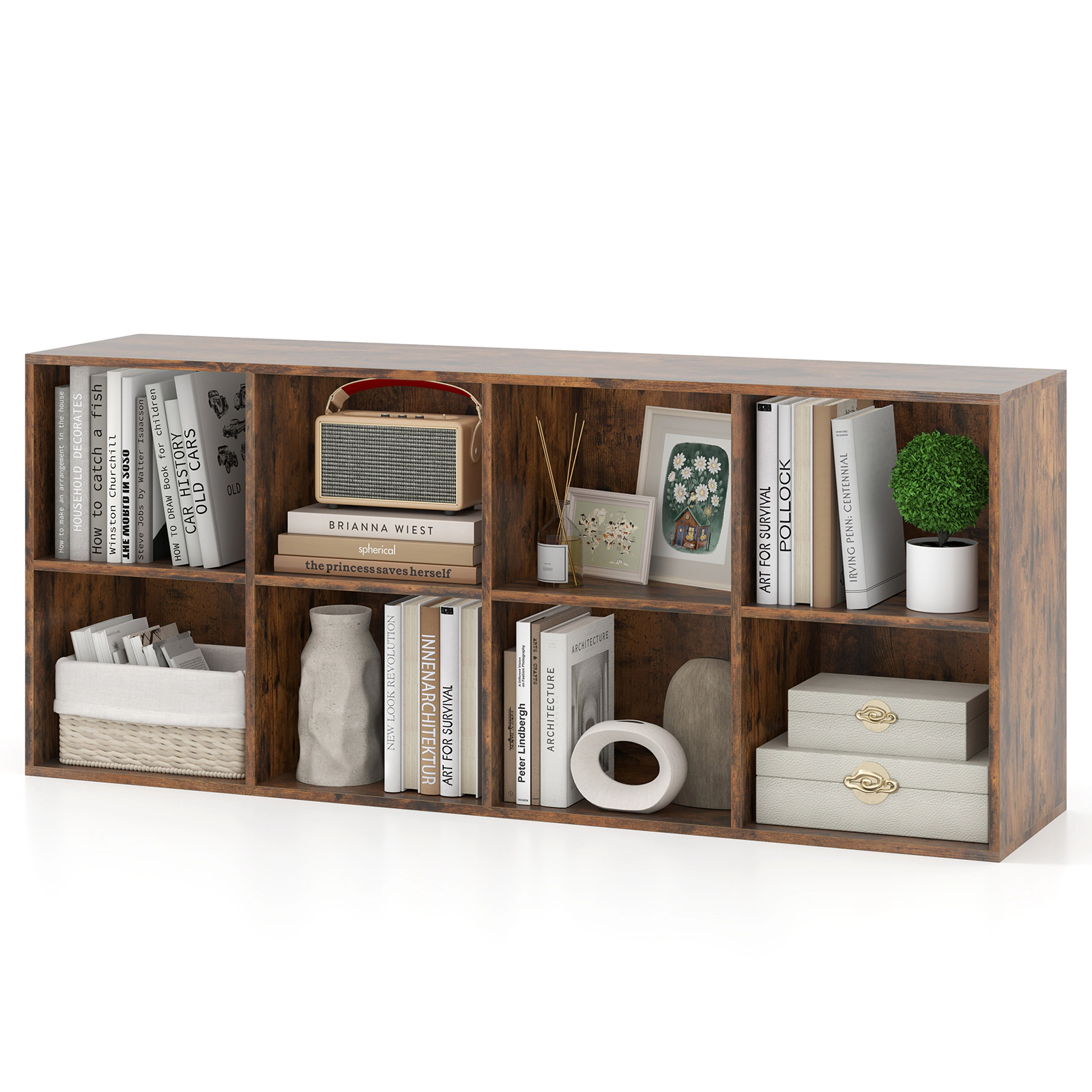 SUGIFT 8-Cube Rustic Brown 48-in Low Cube Storage Organizer Bookshelf with 2 Anti-Tipping Kits and 180-lb Top