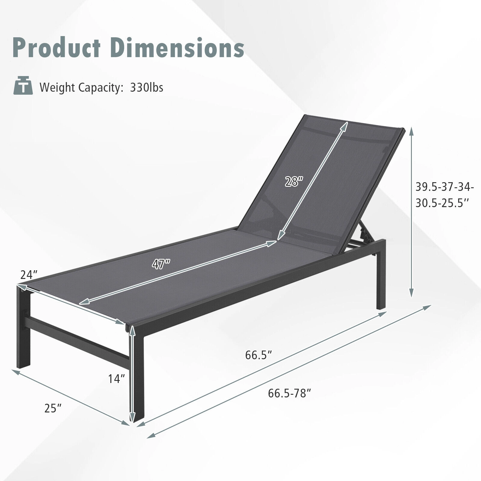 SUGIFT 6-Position Adjustable Chaise Lounge Chair with Rustproof Aluminum Frame 300-lb Capacity 78-in Length Gray