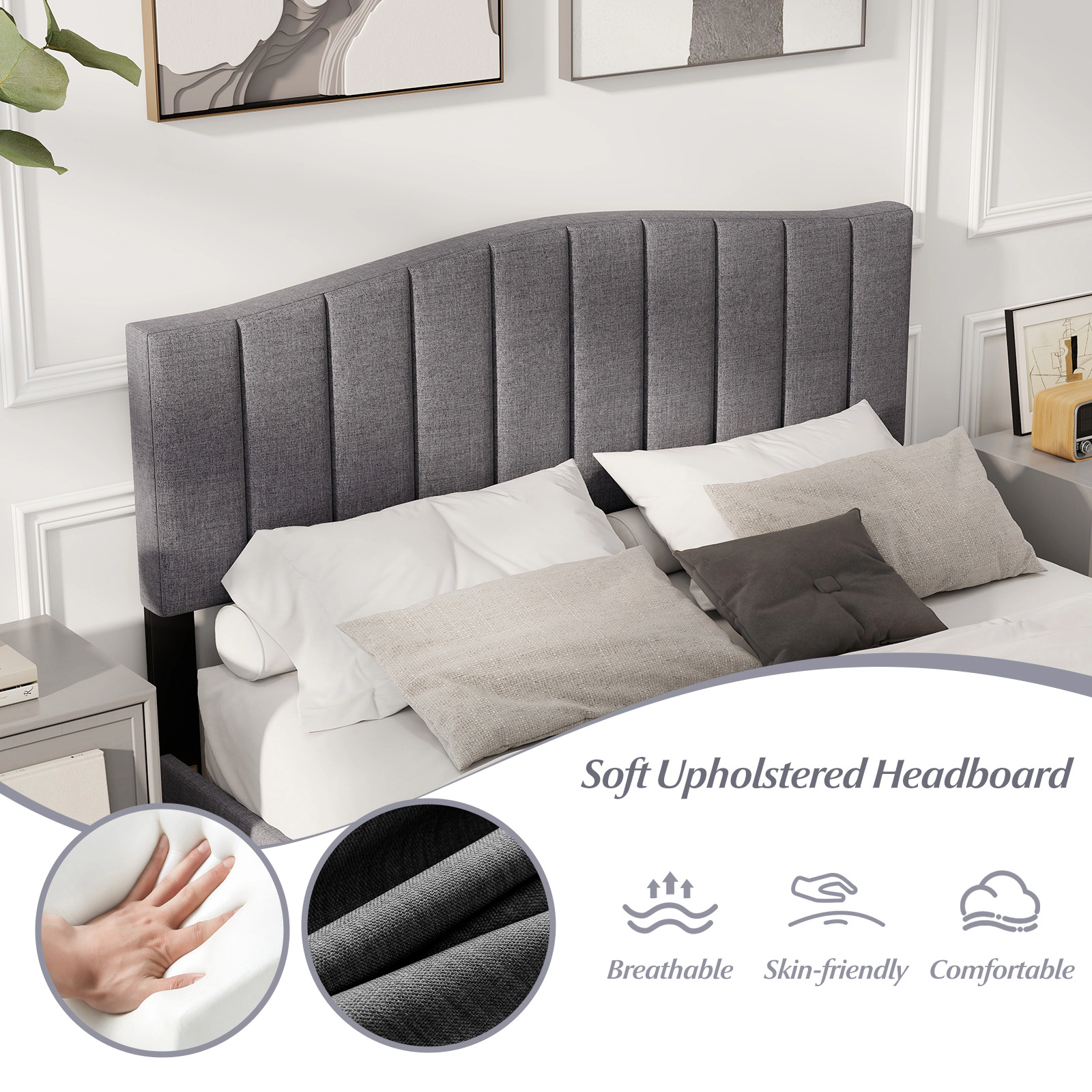 SUGIFT Modern Upholstered Queen Bed Frame with Adjustable Vertical Channel Tufted Headboard 770-lb Capacity Gray + Black