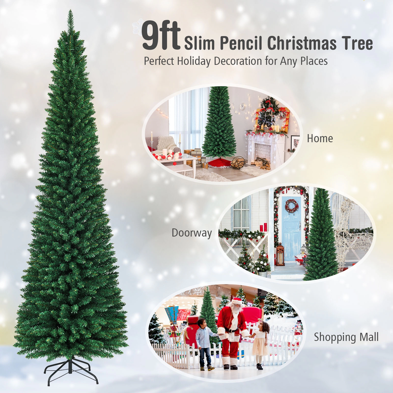 SUGIFT Slim Pencil Artificial PVC Christmas Tree 9 Feet Tall with 3.3-ft Diameter 1500 Tips Green