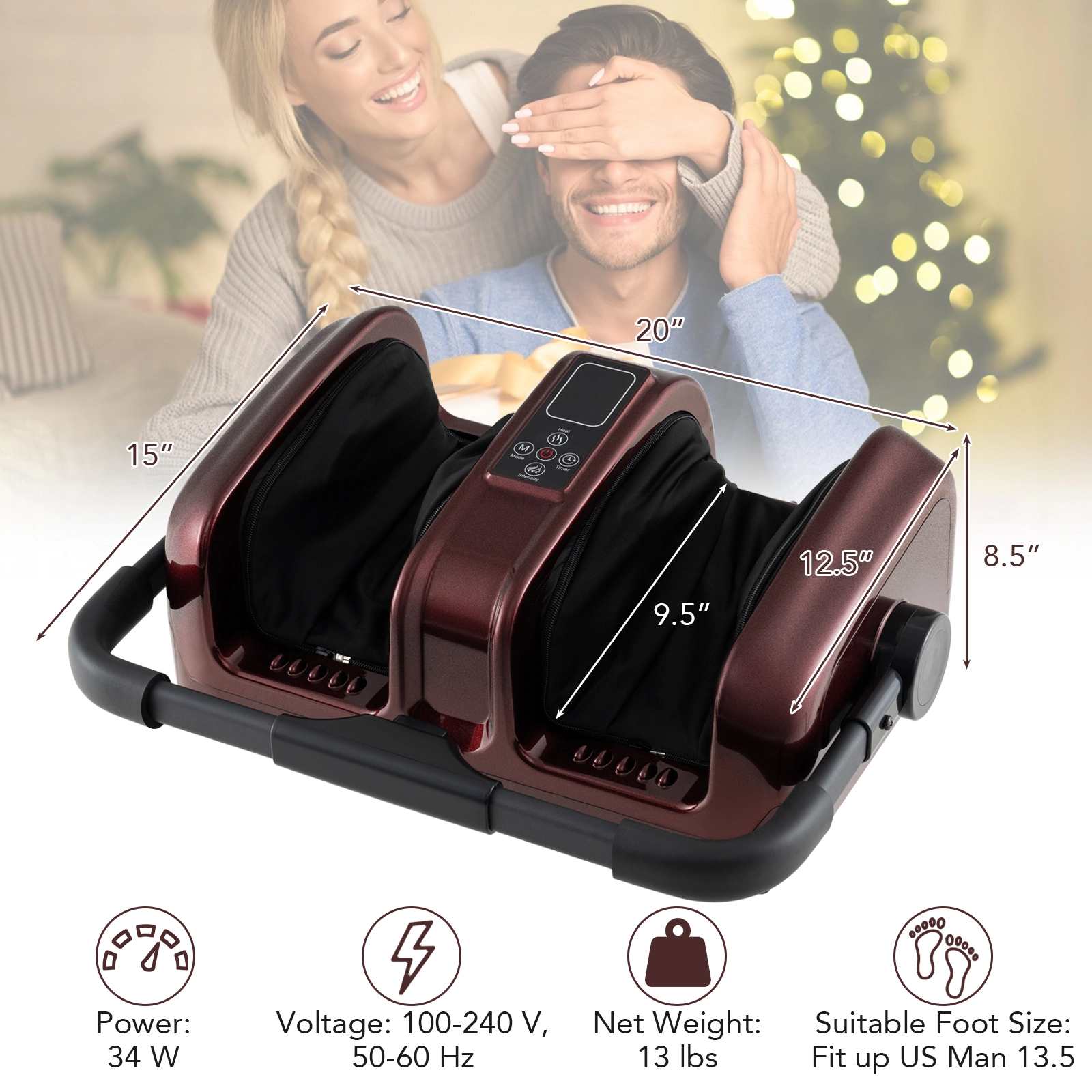 SUGIFT Shiatsu Foot and Calf Massager with Heat Deep Kneading Electric Leg Massager 20-in Wide Fits Up to US 13.5 Red