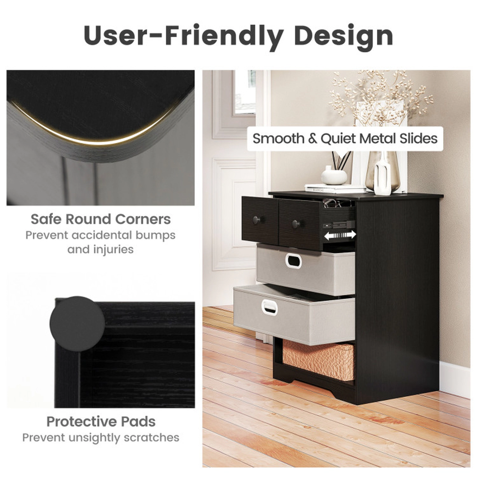 SUGIFT 4-Drawer Dresser Modern Accent Cabinet Storage Organizer with Open Shelves 100-lb Tabletop Capacity Black + Gray