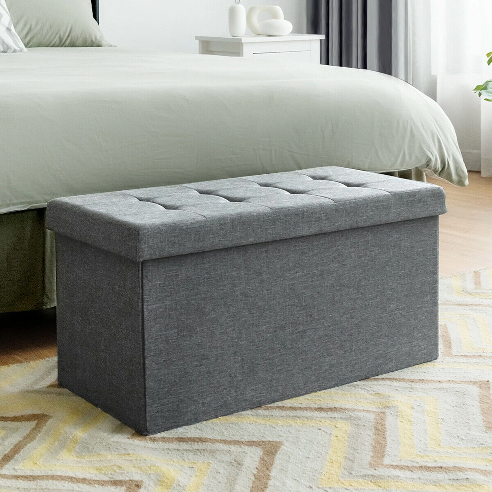 SUGIFT 31.5-Inch Dark Grey Folding Storage Ottoman Bench with Removable Bin