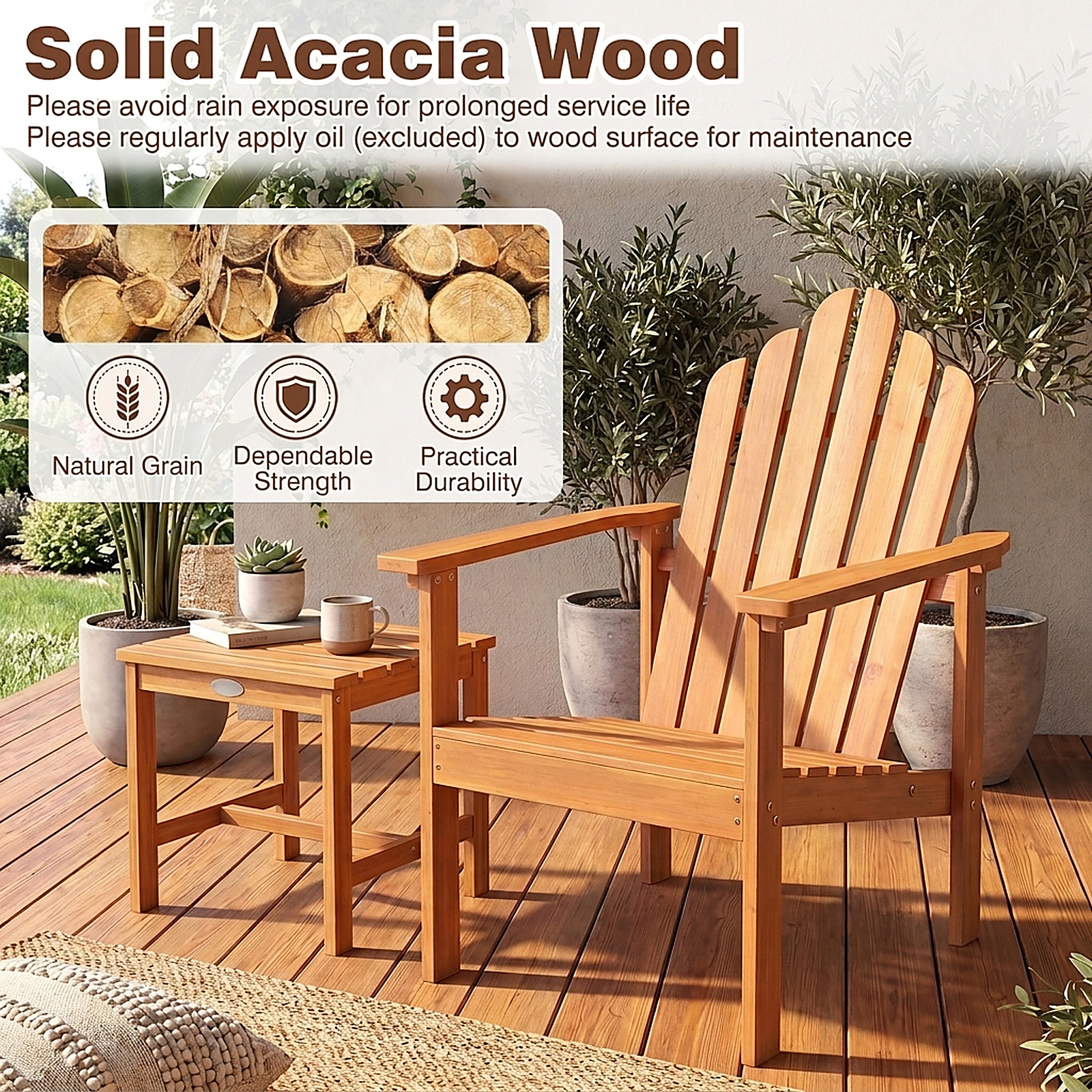 SUGIFT Natural Sloped Seat Stackable Acacia Wood Patio Adirondack Chair