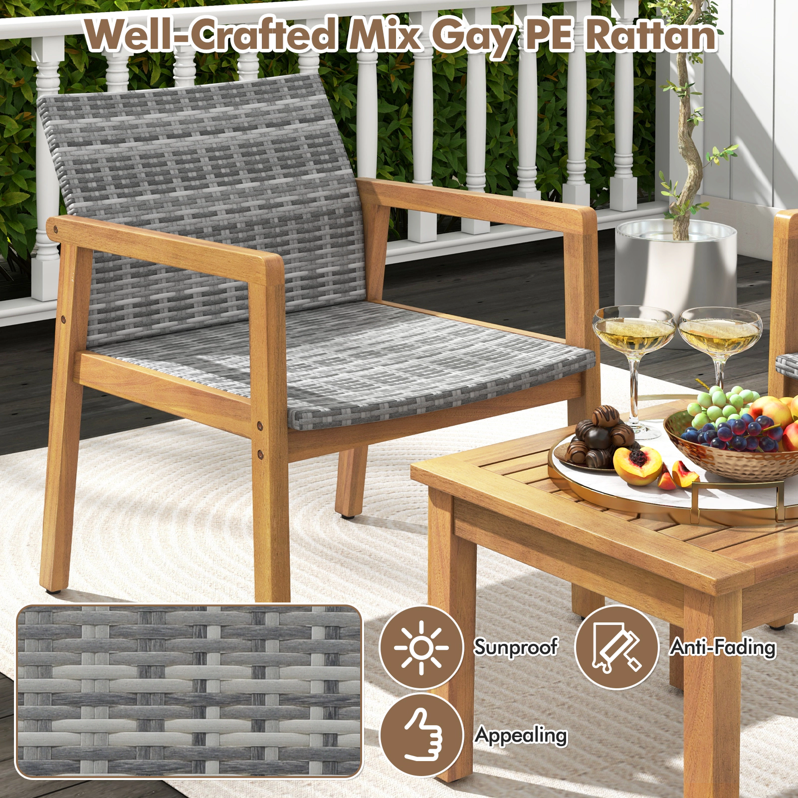 SUGIFT 3-Piece PE Rattan and Acacia Wood Patio Conversation Set with Coffee Table 400-lb Chair Capacity Mix Gray