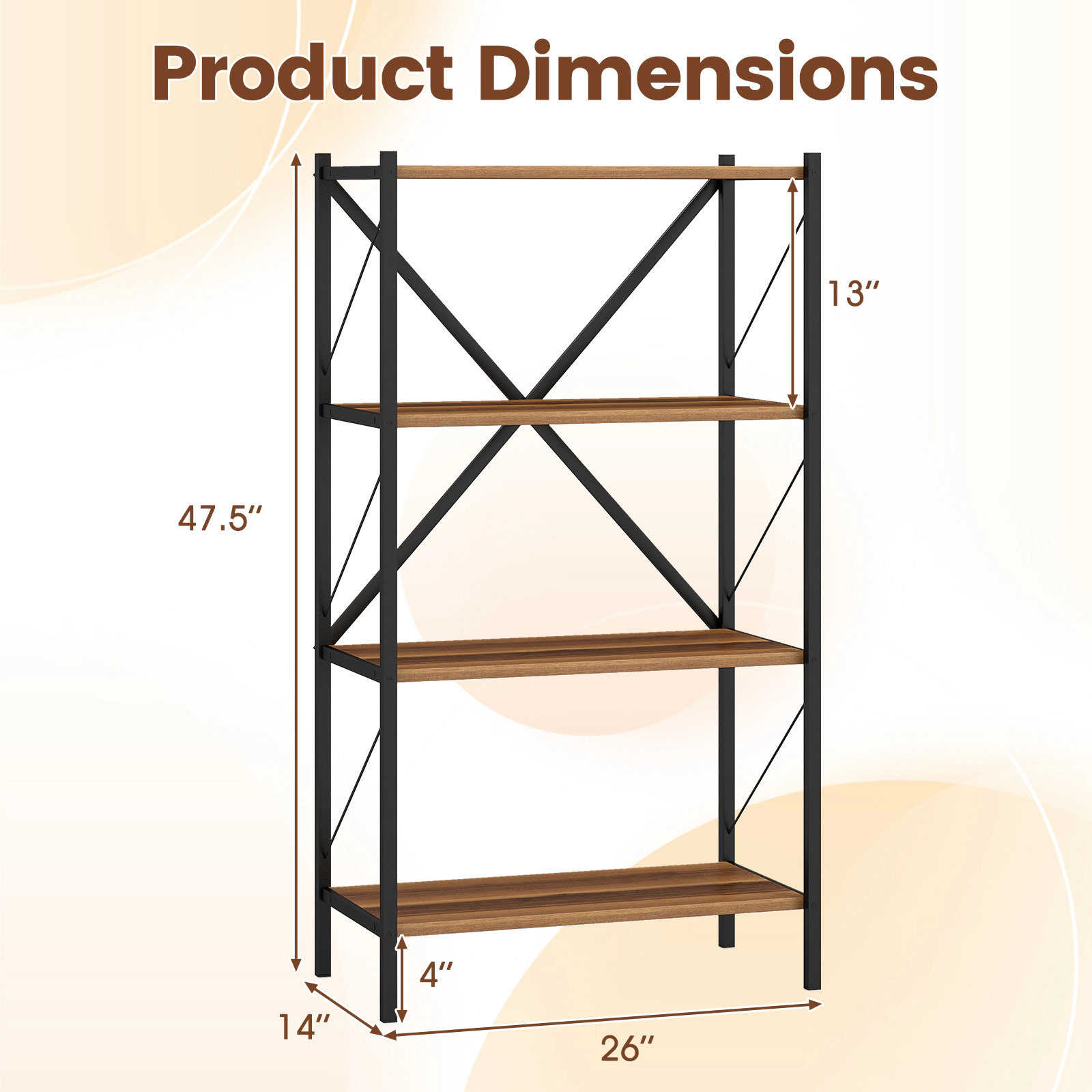 Costway 4-Tier Bookshelf Industrial Bookcase w/Heavy-Duty Metal Frame for Living Room Walnut