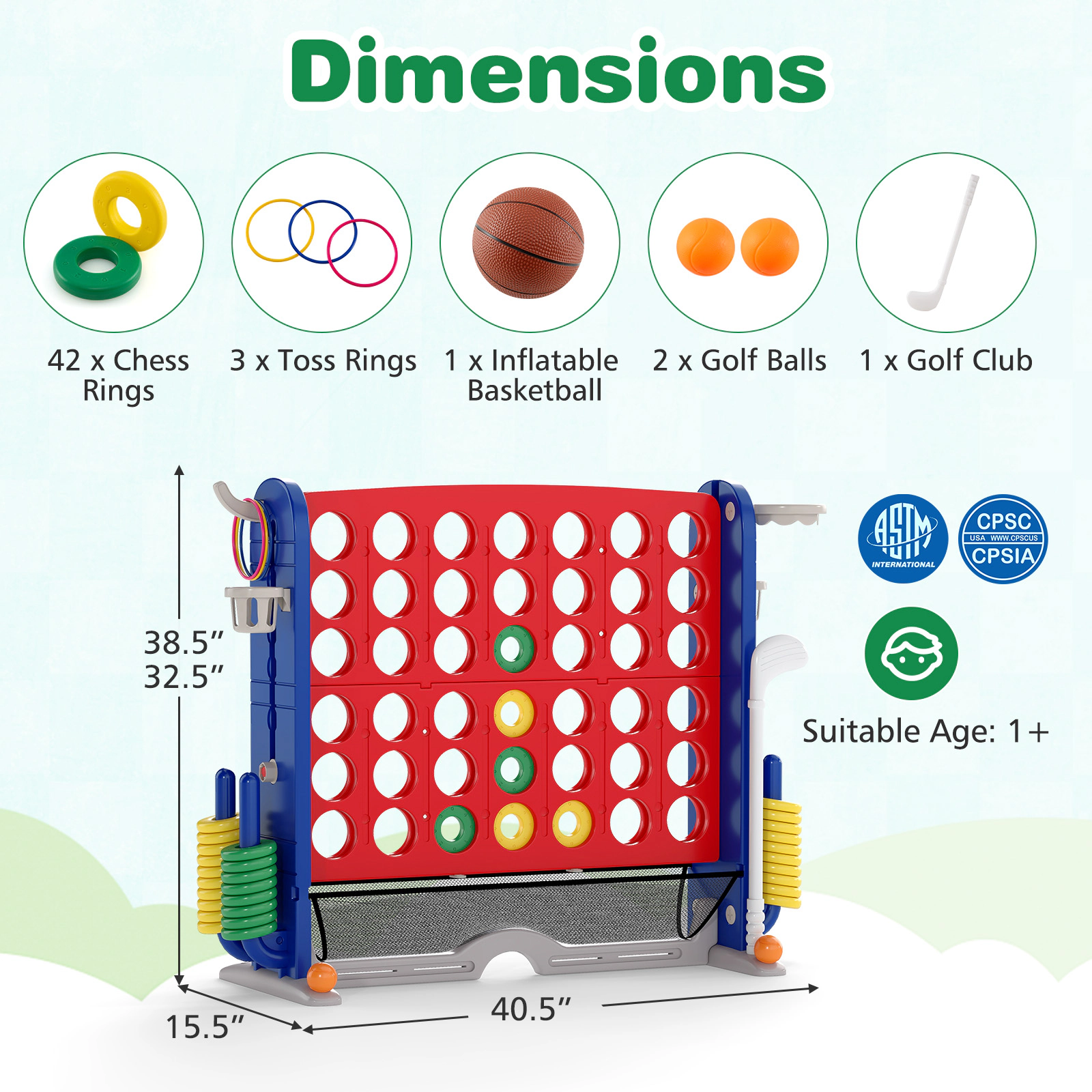 SUGIFT 4-in-1 Jumbo 4-to-Score Game with Ring Toss Basketball Mini Golf Chute Button and Mesh Pouch