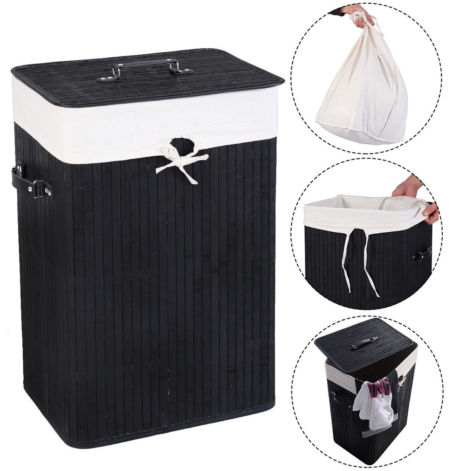 SUGIFT Rectangular Bamboo Laundry Hamper Black 72 L with Removable Cotton Bag and Lid