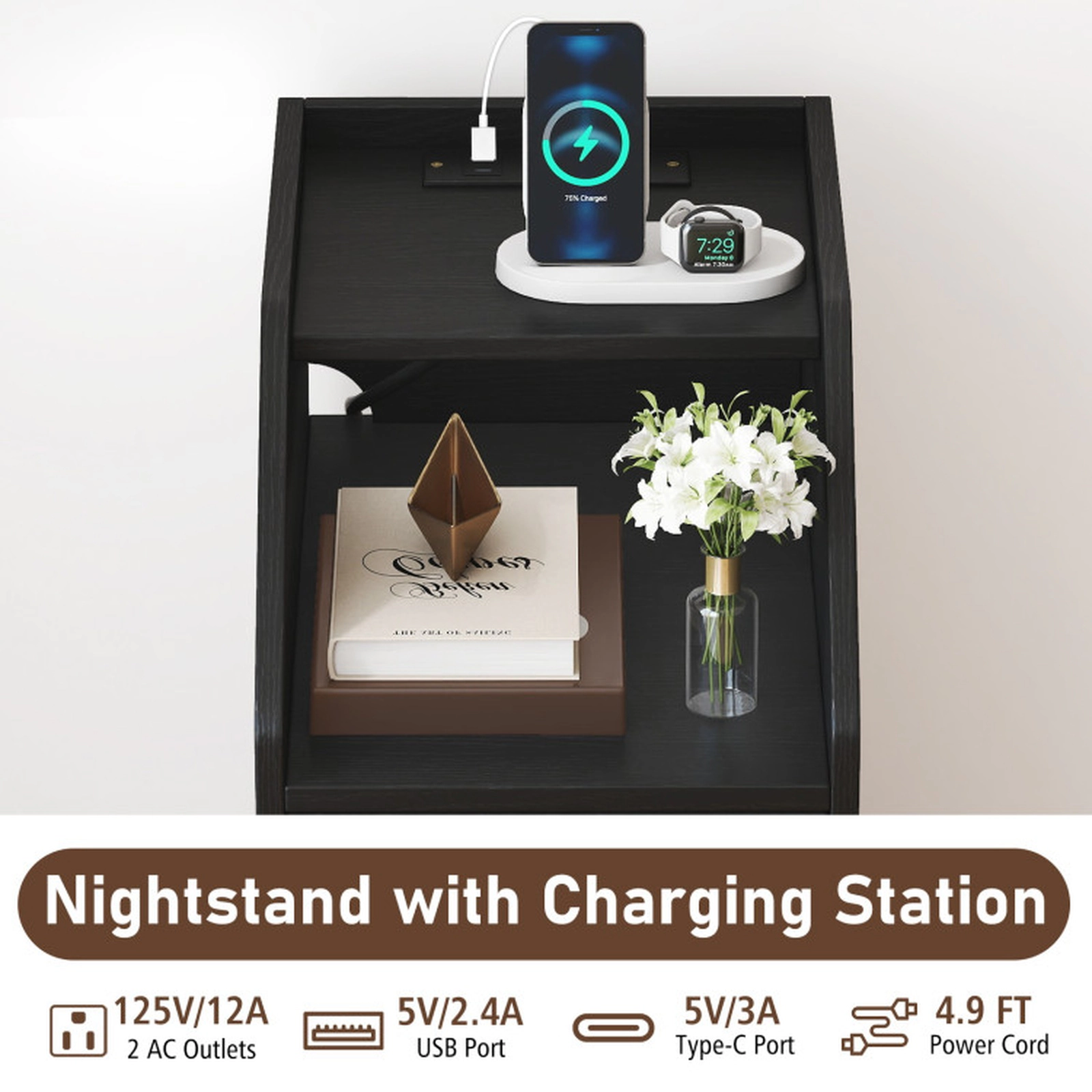 SUGIFT Set of 2 Charging Station 2 Drawers Open Shelf Narrow End Tables 16-in x 10-in x 20-in 35-lb Capacity Black