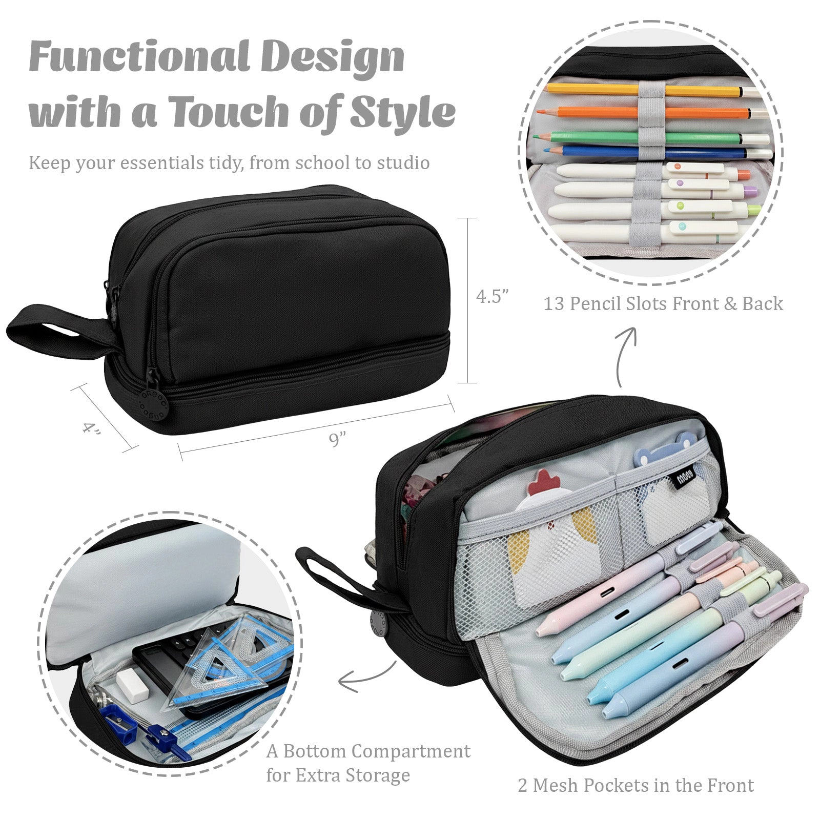 Wrapables 4-Compartment Pencil Case Set with White Correction Tape