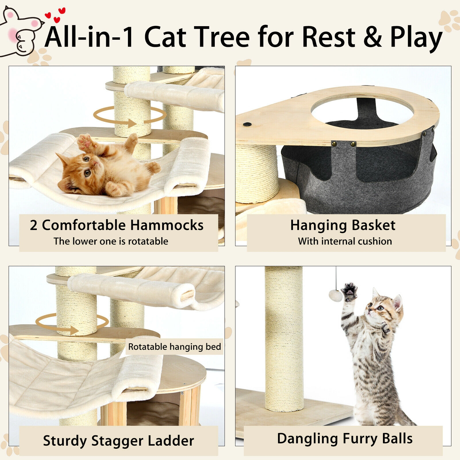 SUGIFT 77.5-in Beige Extra Tall Multi-Level Cat Tree Tower with Condo Sisal Posts and 33-lb Tiers