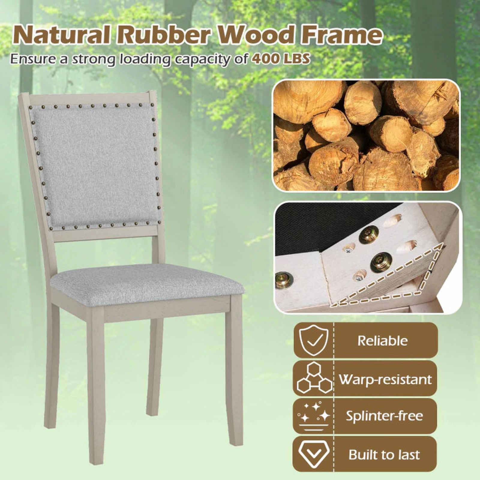 SUGIFT Farmhouse Fabric Upholstered Dining Chair Set of 2 with Nailhead Trim 400-lb Capacity Gray