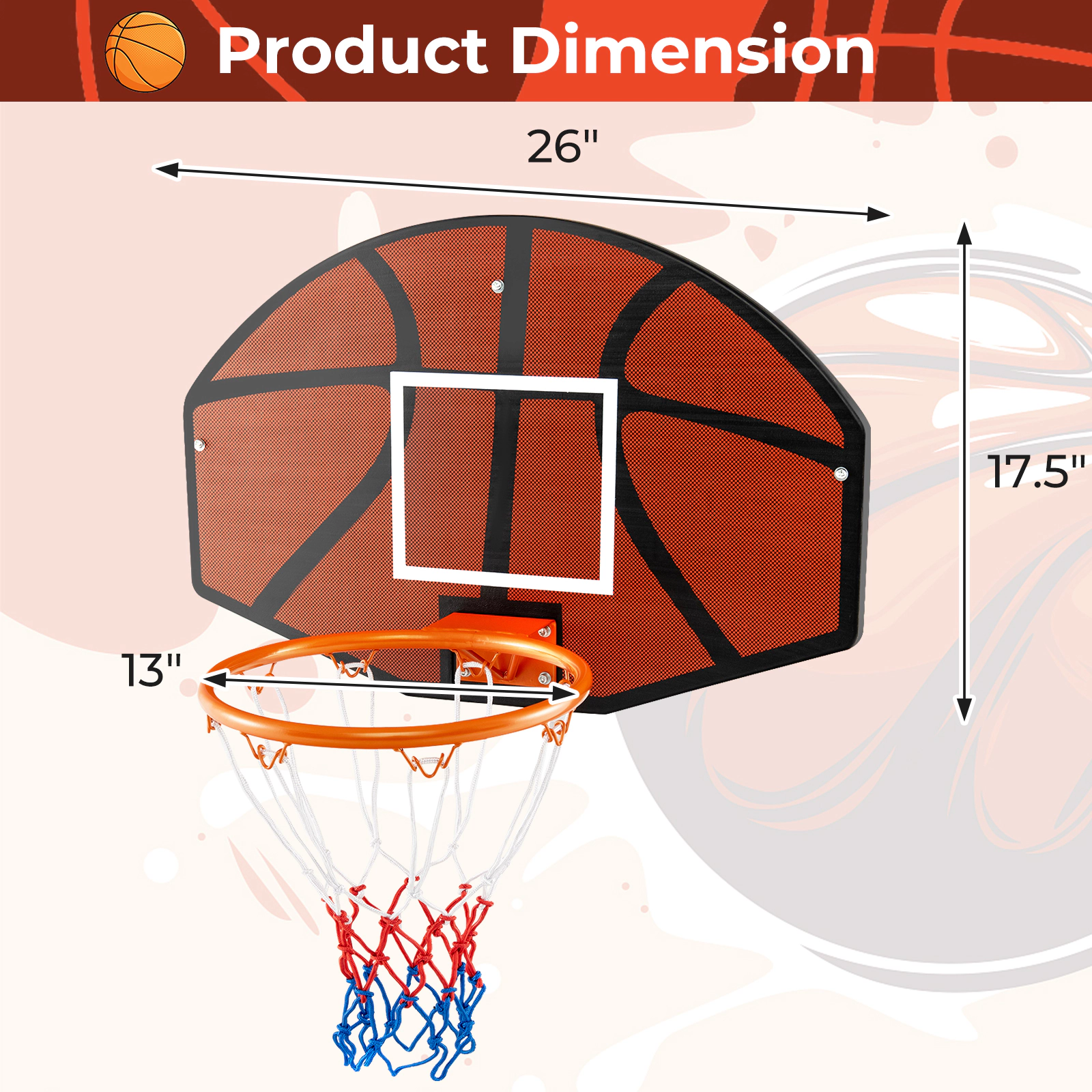 SUGIFT Orange Wall Mounted Basketball Hoop with Shatterproof PE Backboard and All Weather Net 26-in W 17.5-in H