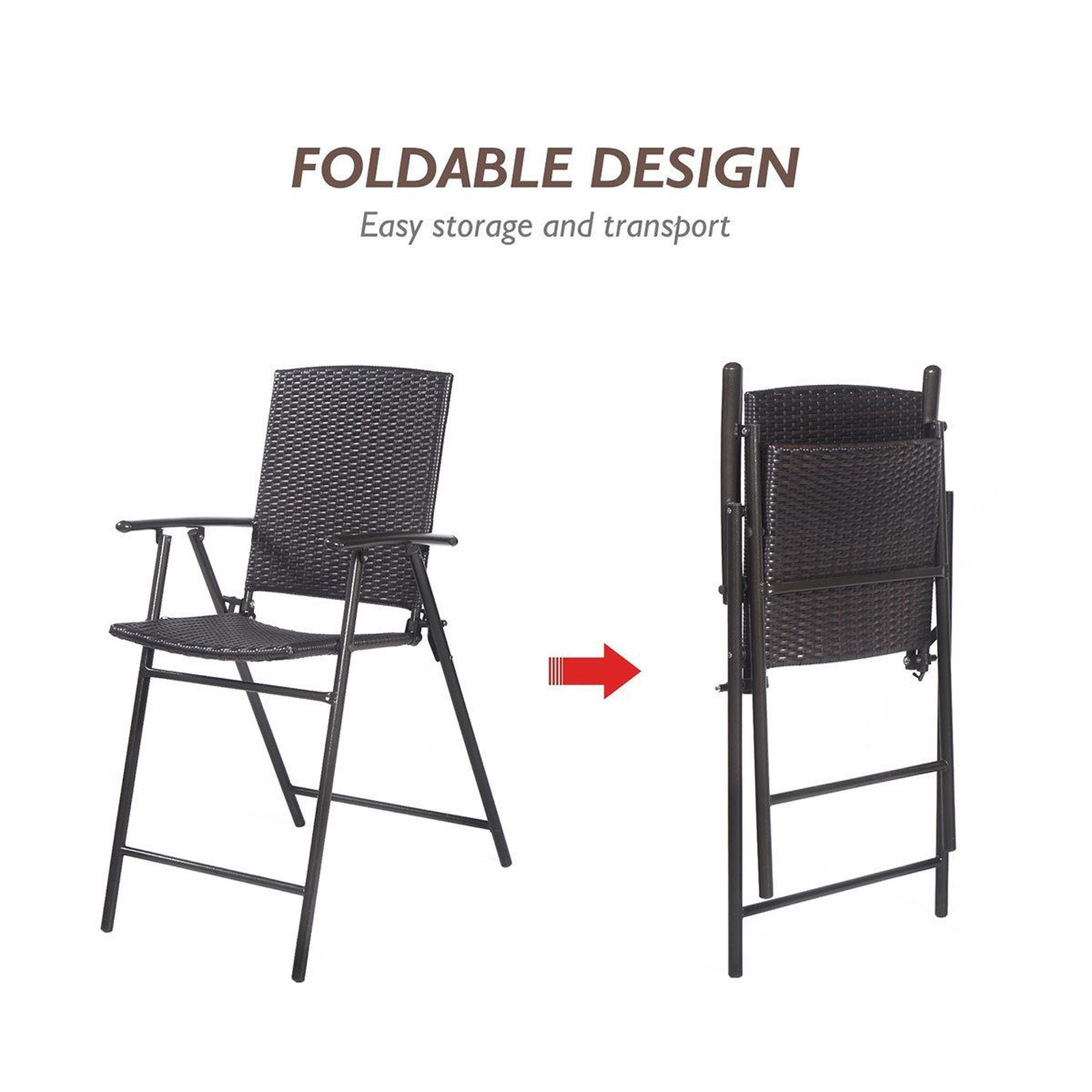 SUGIFT Set of 4 Folding Rattan Bar Chair Set with Footrests and Armrests 24-in Seat Height Brown