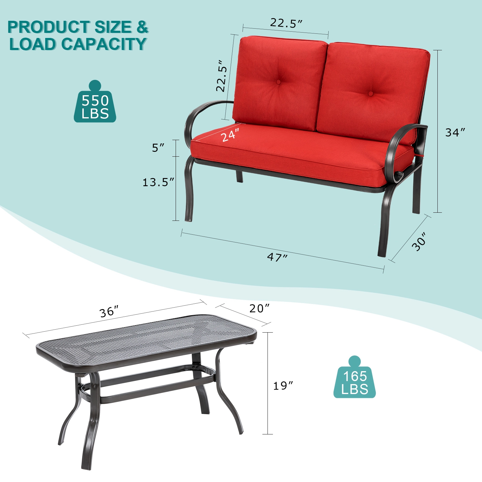 SUGIFT 2 Piece Patio Cushioned Loveseat and Coffee Table Set Red with Steel Frame