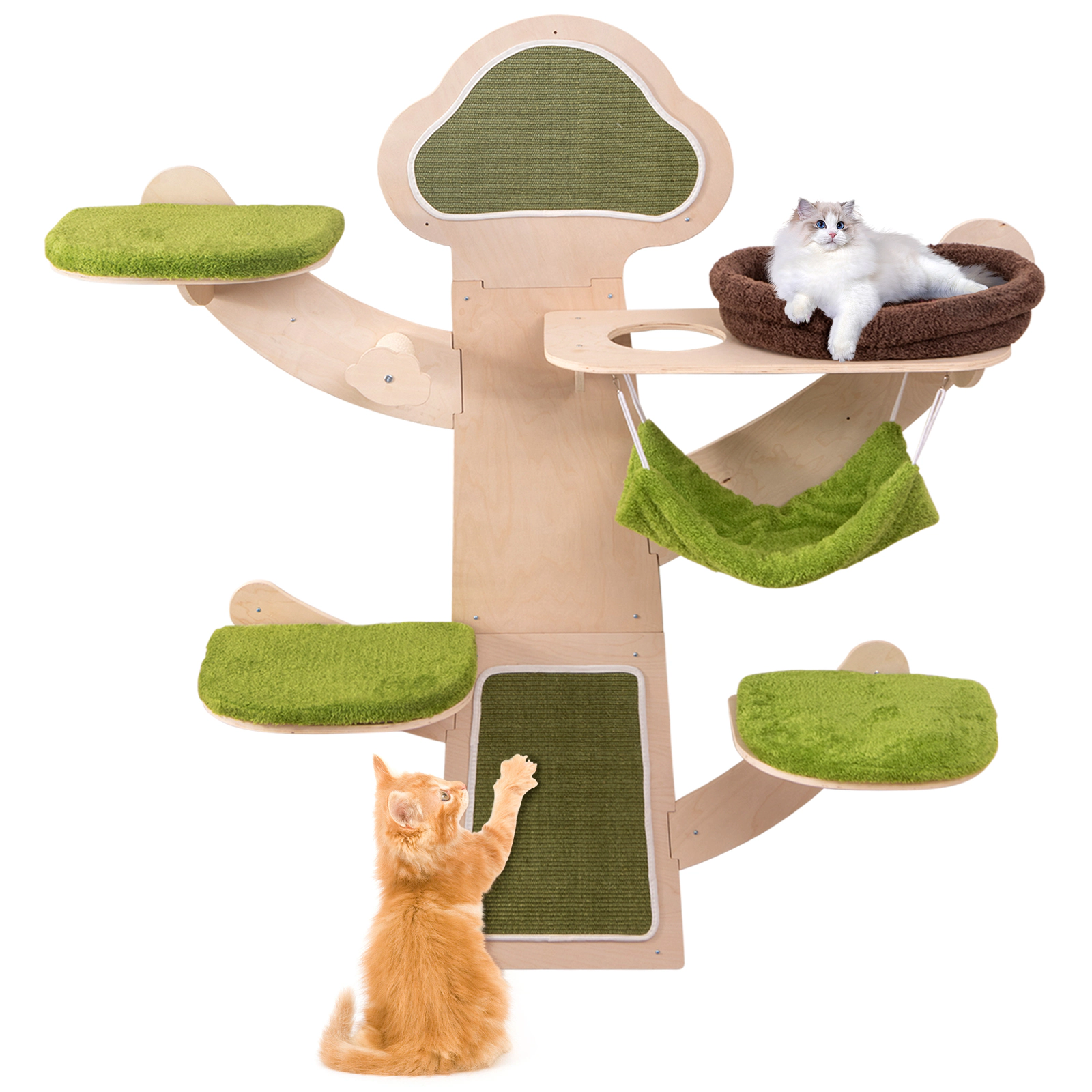 SUGIFT Wall-Mounted 5-Layer Cat Tree Tower with Hammock Bed and Scratching Surfaces 33-lb Capacity Natural+Brown