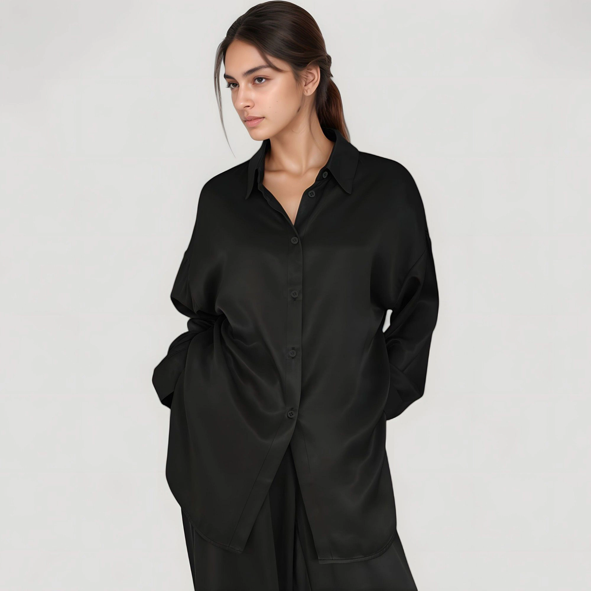 Anna-Kaci Women's Relaxed Fit Satin Button Down Shirt and Wide Leg Pants Two-Piece Lounge Pajama Set