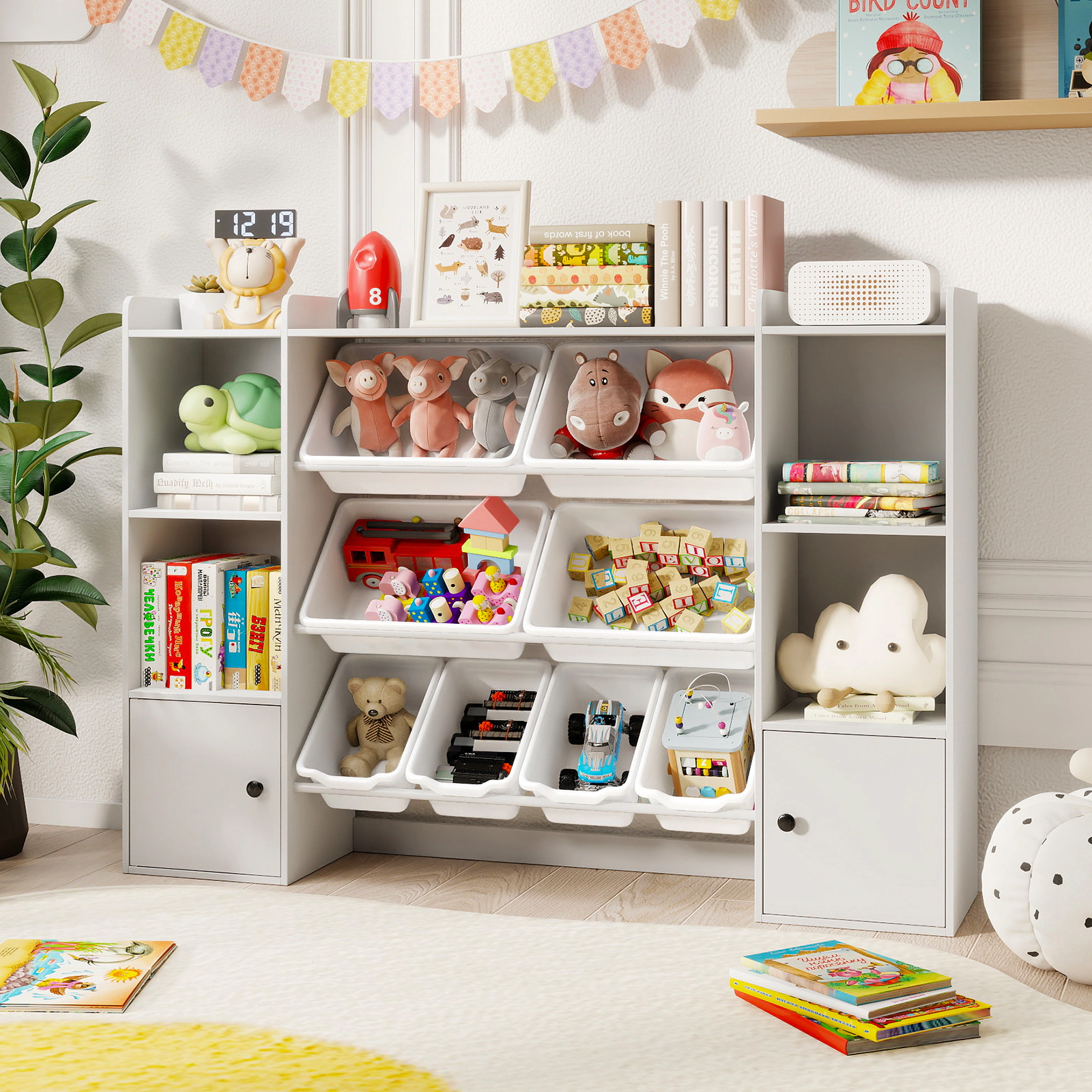 SUGIFT Kids 8 Storage Boxes 2 Cabinets Toy Organizer Bookshelf 56.5-in x 12-in x 39.5-in 385-lb Capacity Ages 3+ White