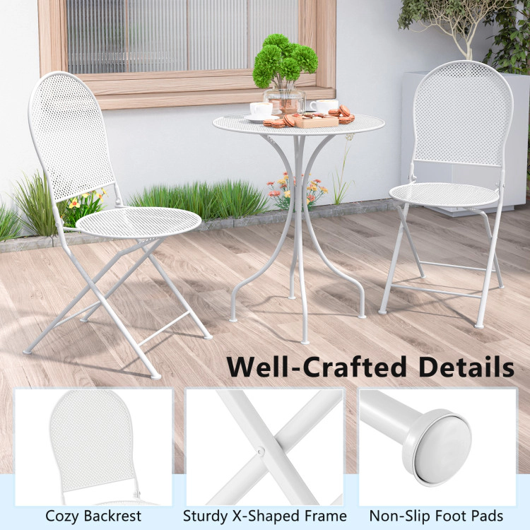 Hivvago 3 Piece Metal Bistro Patio Round Table And 2 Folding Chairs Set-White