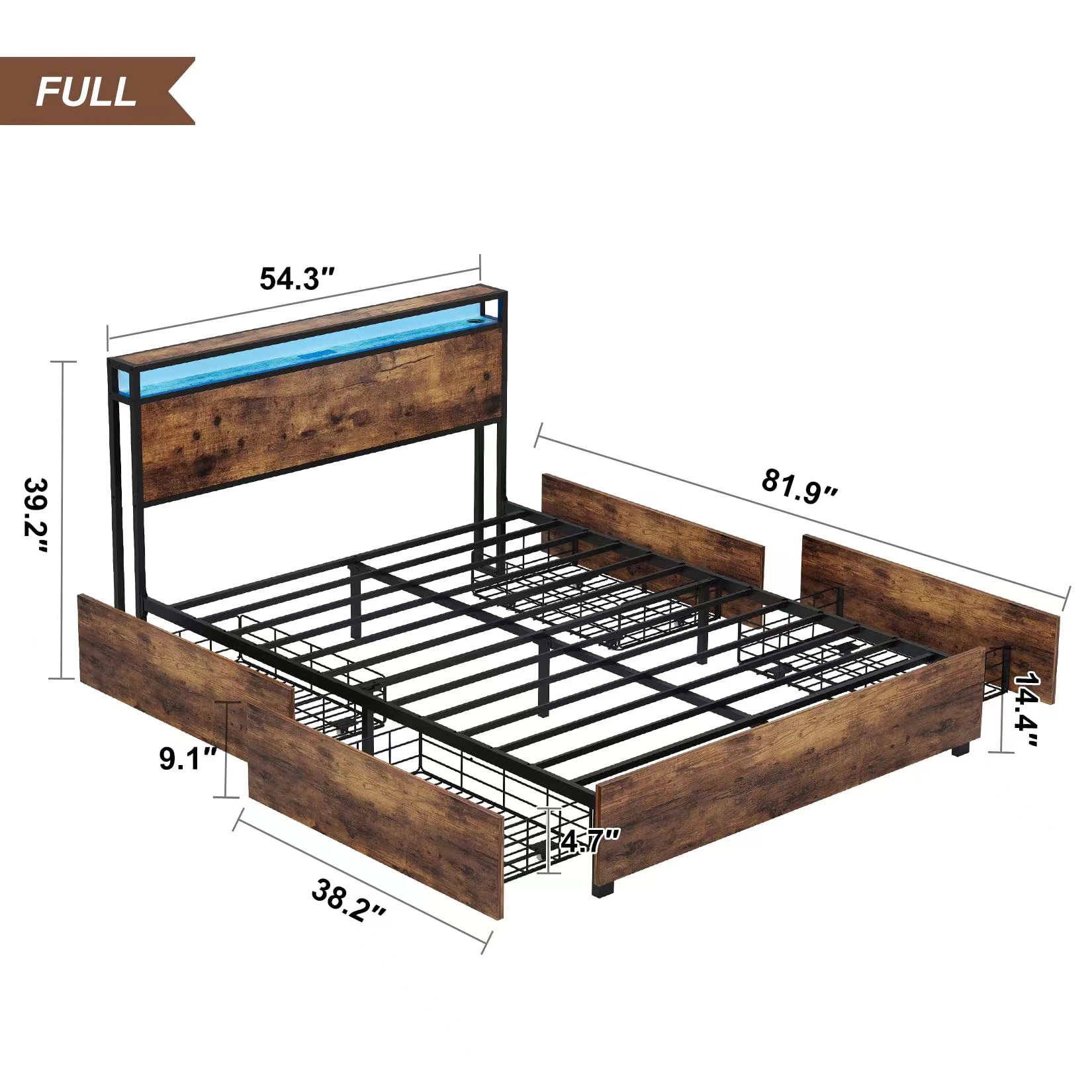 Flynama Full Bed Frame with Storage Headboard & Charging Station, Noise Free, Easy Assembly