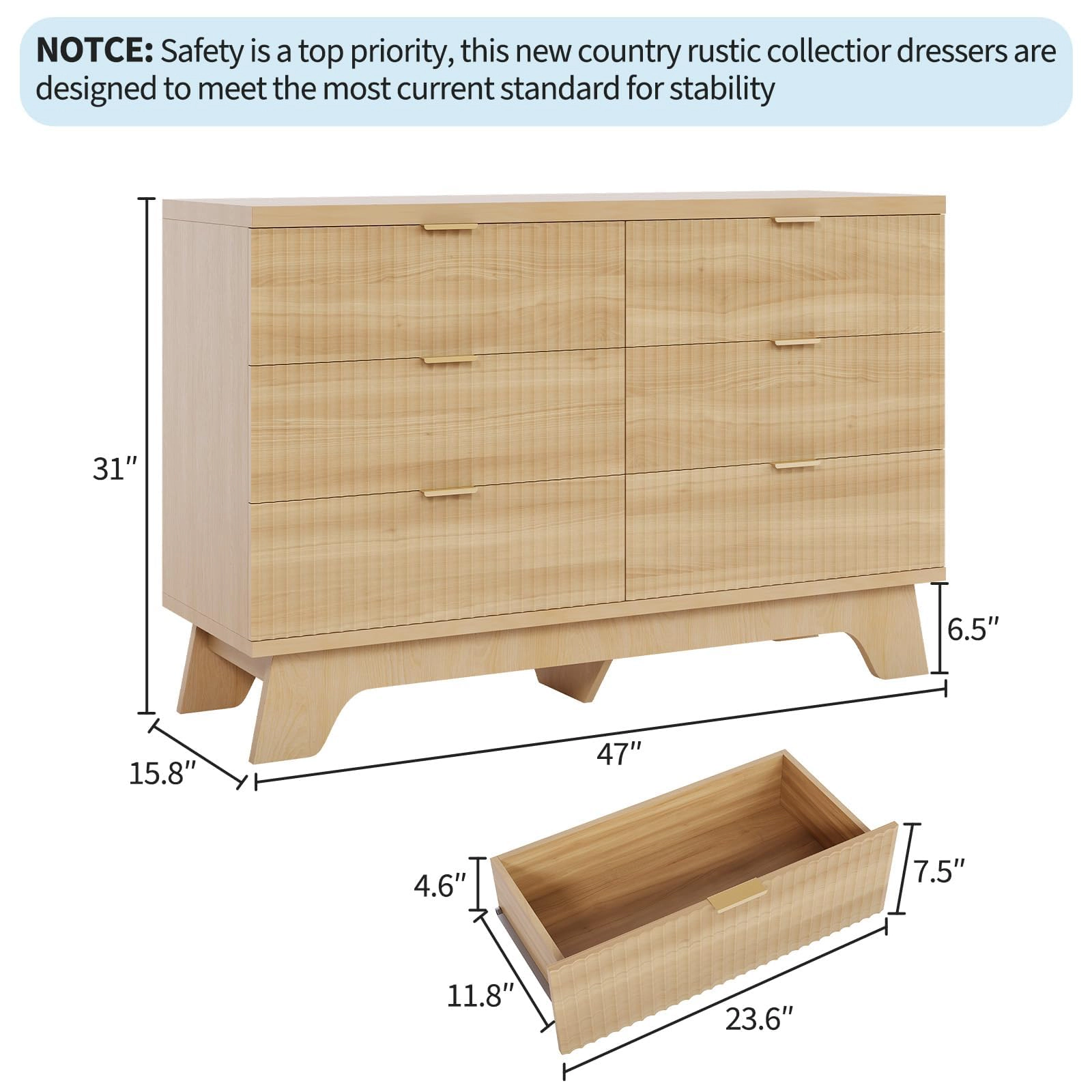 47" Mid-Century Fluted 6 Drawer Dresser with Gold Handles, Wood Storage Chest