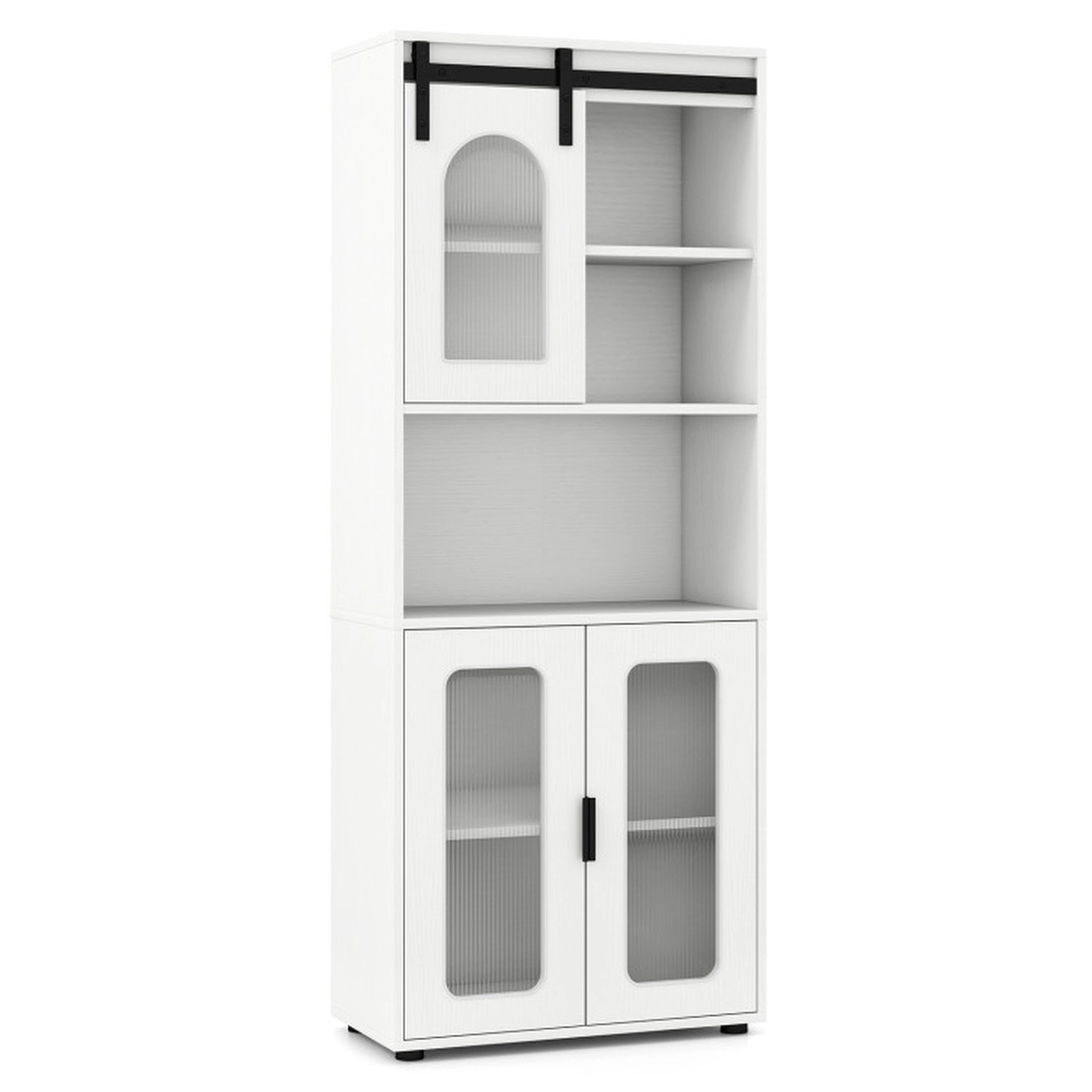 SUGIFT Farmhouse Bathroom Floor Cabinet with Sliding Barn Door 59-in Tall 44-lb Shelf Capacity Natural/White