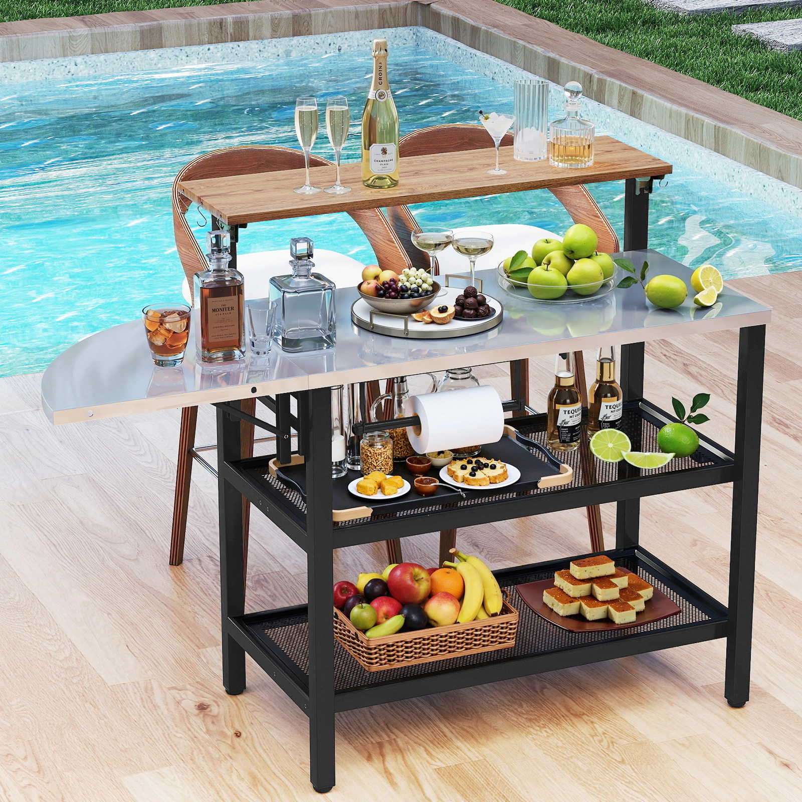 SUGIFT Outdoor Foldable Grill Table with Flip-Up Top and 2 Storage Shelves 300-lb Tabletop Capacity Black