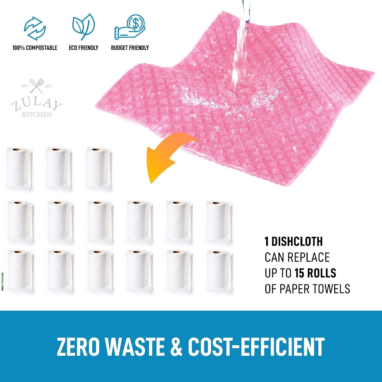 Zulay Kitchen Swedish Dishcloths for Kitchen - Bulk 6 Pack of No Odor Eco-Friendly Reusable Dish Cloths