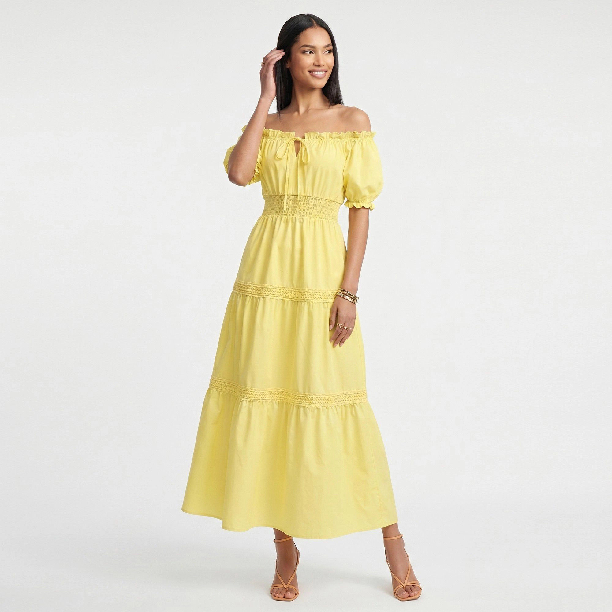 Anna-Kaci Women's Off Shoulder Smocked Waist Tiered Skirt Maxi Dress