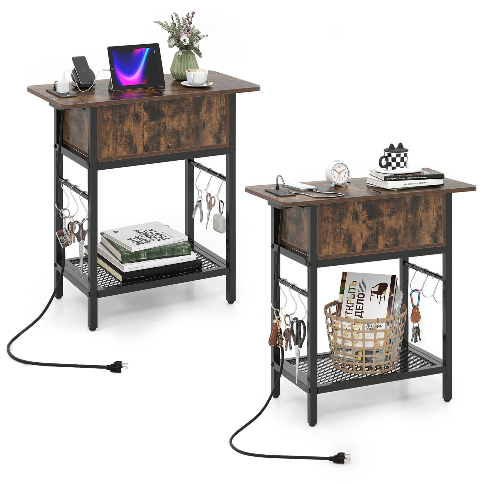 SUGIFT Set of 2 End Tables with Charging Station Hidden Compartment 66-Lb Tabletop Rustic Brown & Black