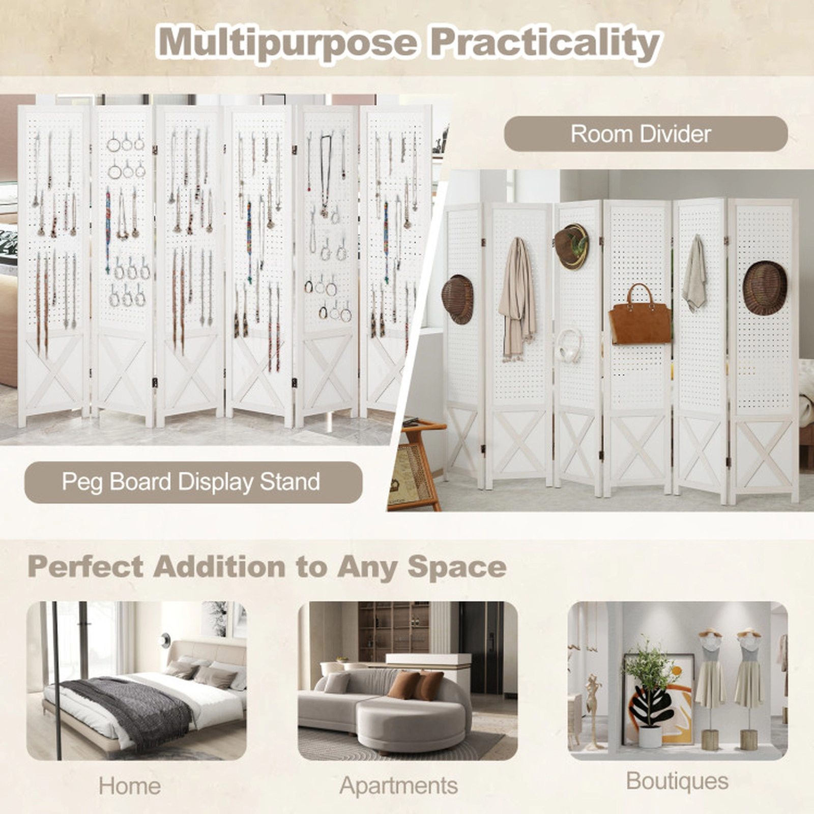 SUGIFT 6-Panel Pegboard Paulownia Wood Foldable Privacy Screen Room Divider 97-in x 67-in 16-in Folded 39-lb White