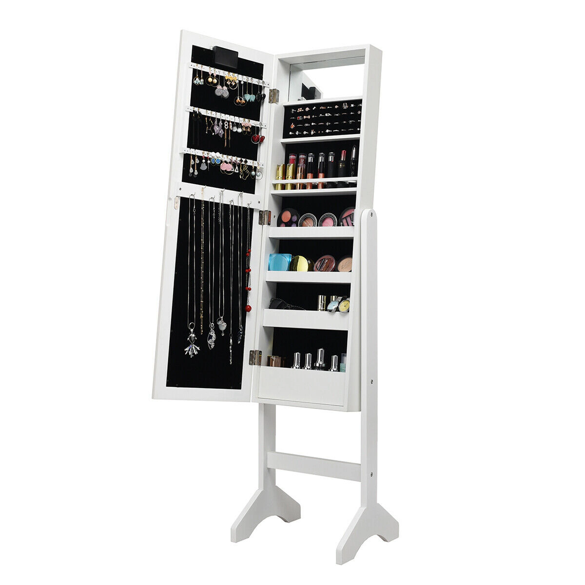 SUGIFT 57 in Mirrored Jewelry Armoire White Organizer Cabinet with 18 Marquee LED Lights