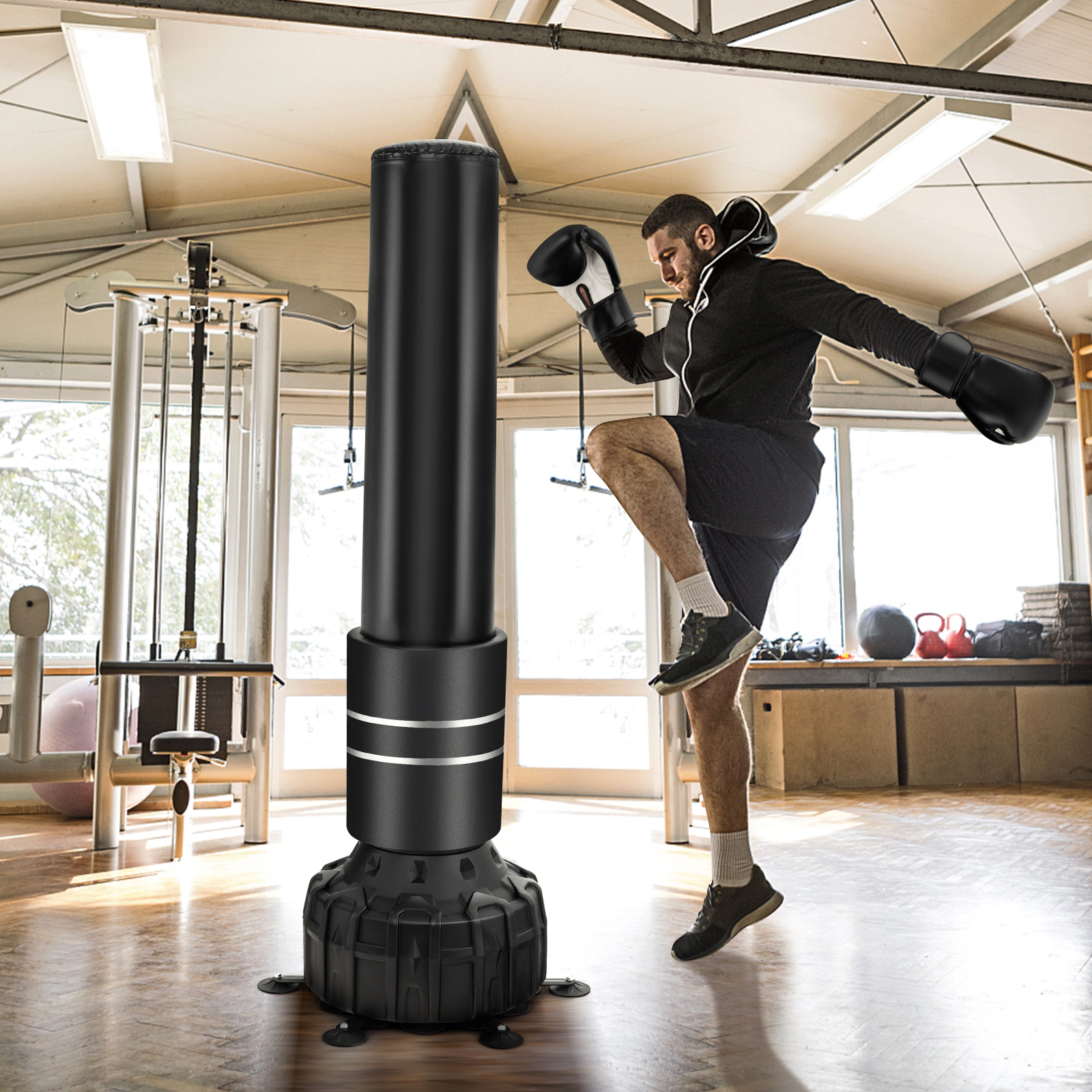 SUGIFT Multi-Layer Freestanding Punching Bag 71-in Boxing Bag with 25 Suction Cups Gloves and Filling Base Black