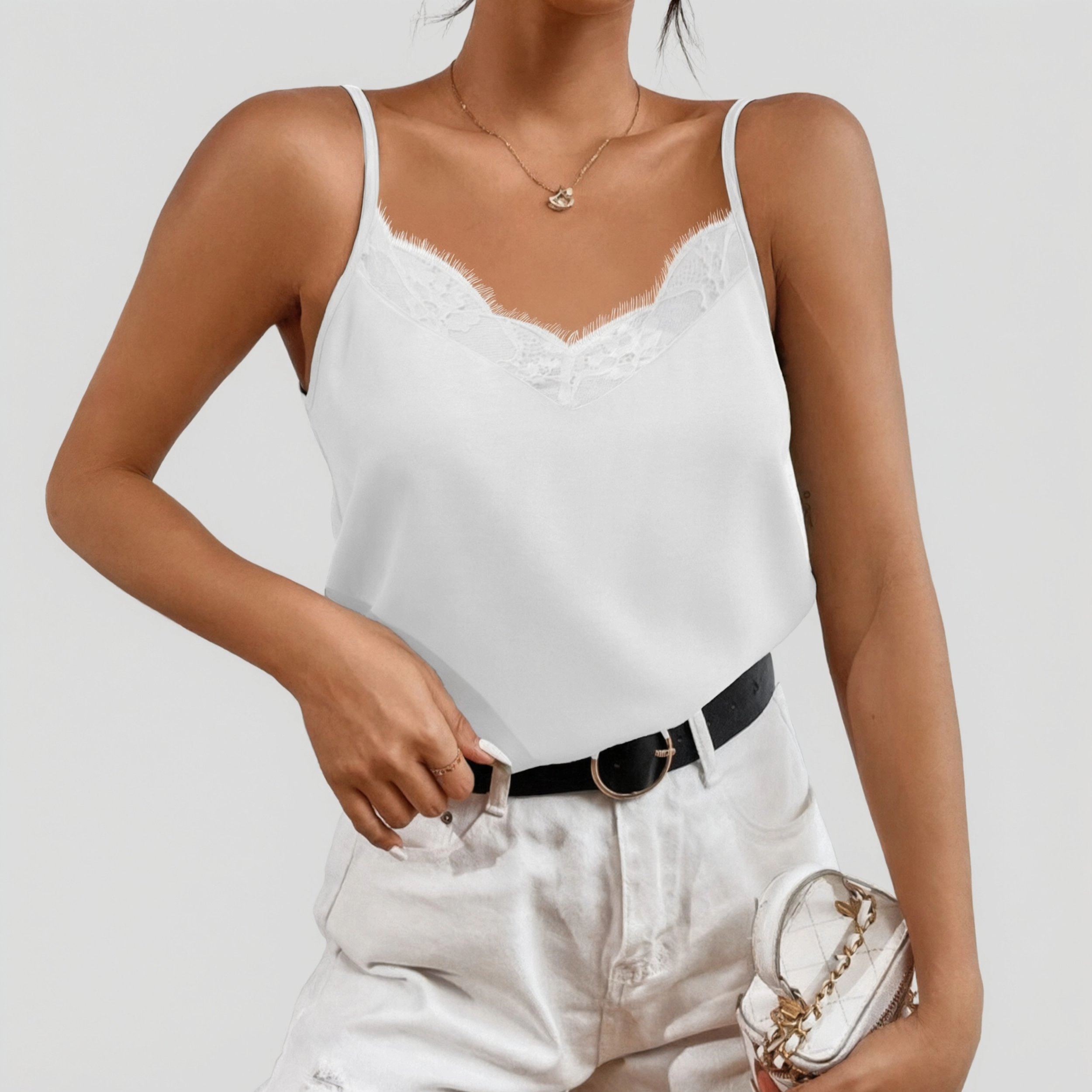 Ekouaer Women's Satin Camisole Lace Pajama Tank Tops V Neck Soft Spaghetti Strap Loose
