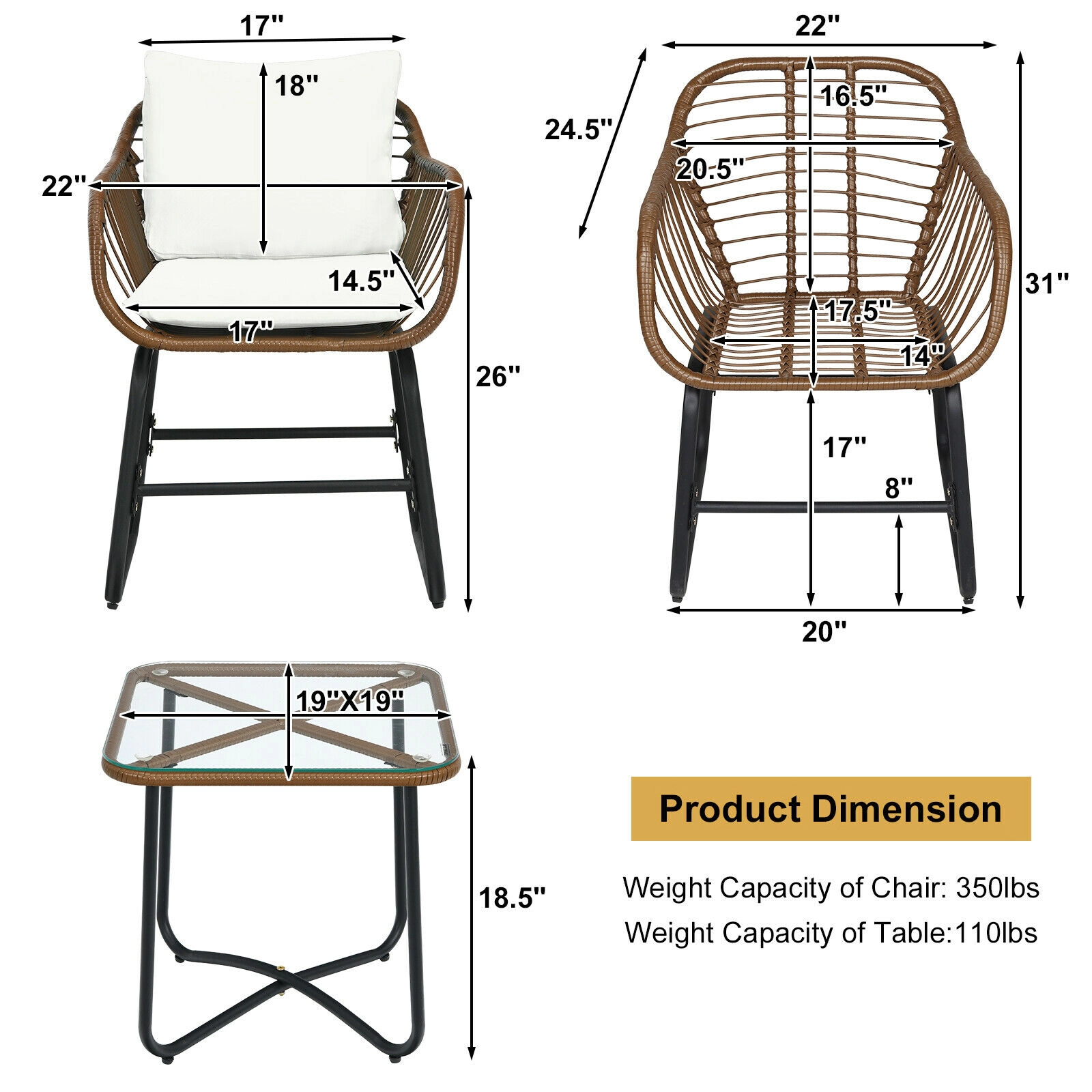 LJG 3 Pieces Patio Rattan Bistro Set Cushioned Chair Glass Table Deck