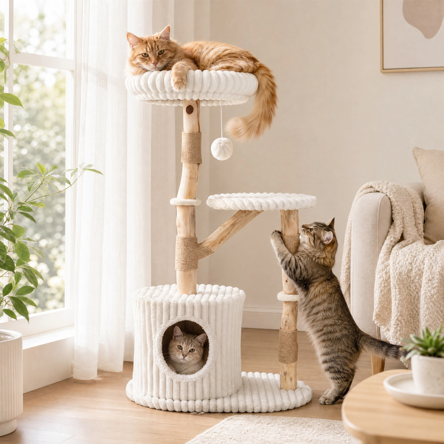 LJG Solid Wood Cat Tree 41 Inch with Real Branches & Scratching Posts and Cozy Bed