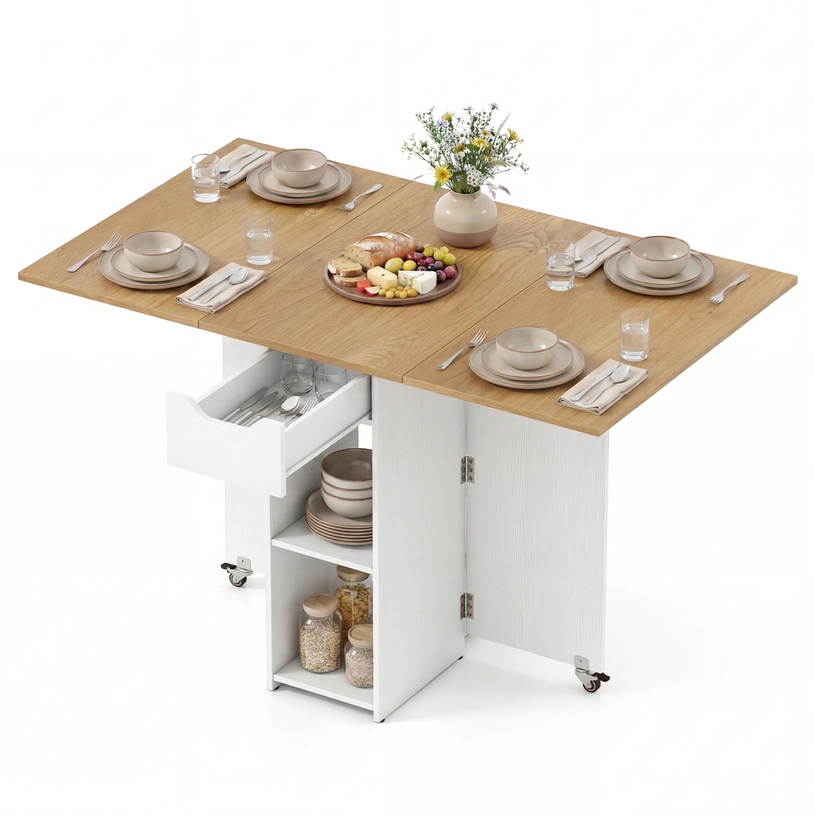 SUGIFT 47.5-in Farmhouse Extendable Drop Leaf Wooden Dining Table with Lockable Wheels 88-lb Tabletop Capacity White