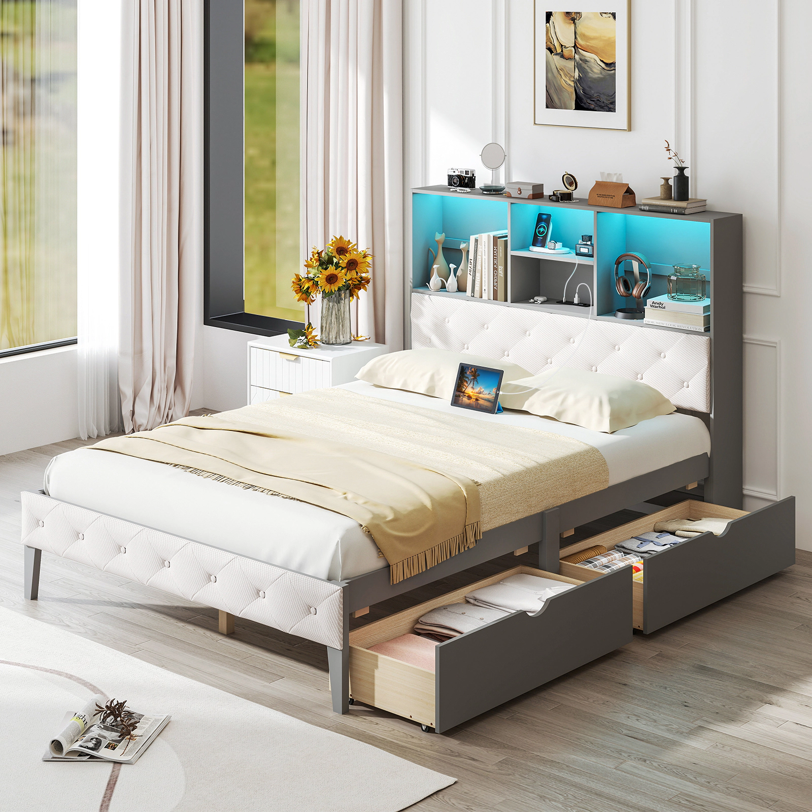SUGIFT Full Bed Frame with LED Bookcase Headboard, Charging Station, 4 Cubes and 2 Drawers
