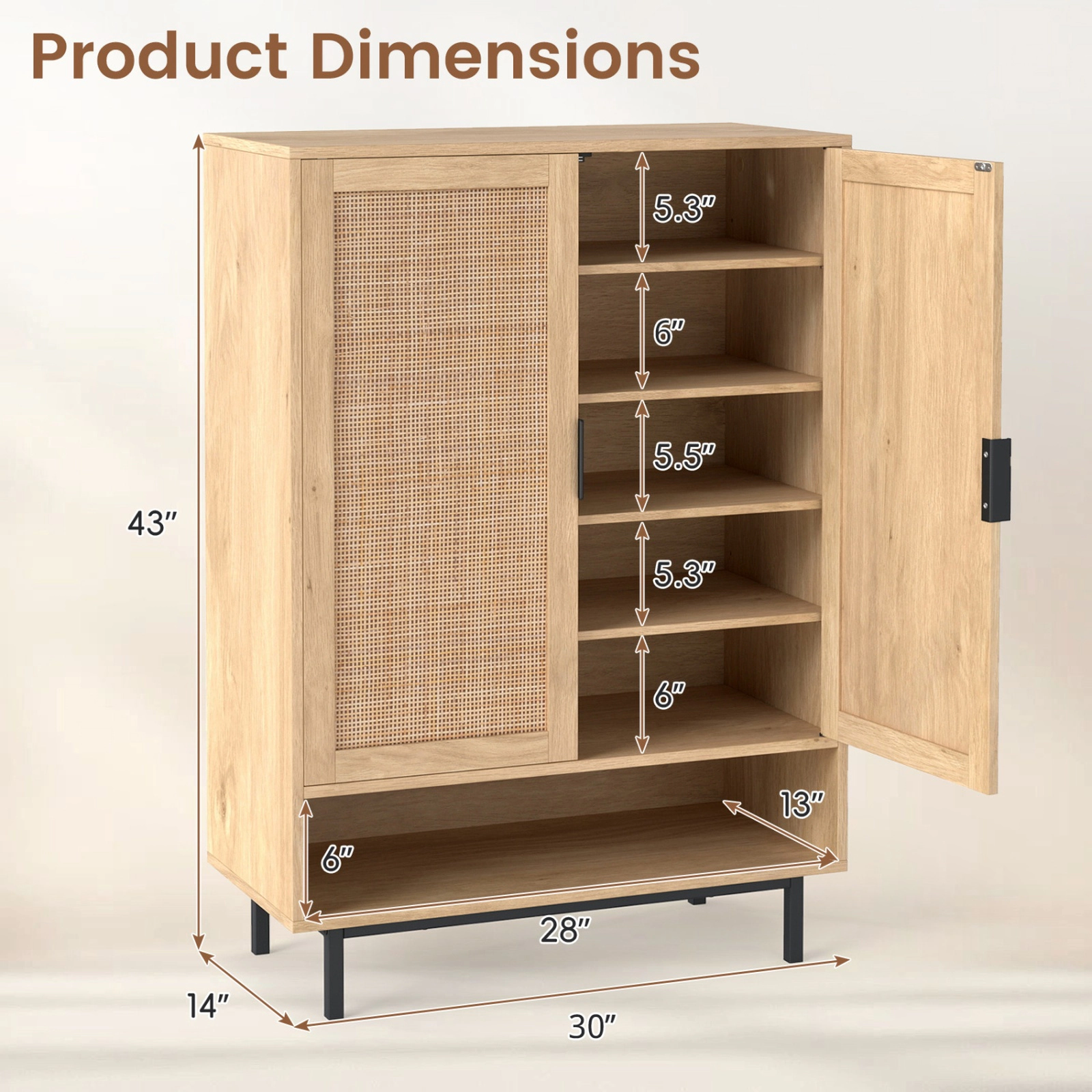 SUGIFT 6-Tier Natural 43-in Tall Shoe Cabinet with Rattan Accent Double Doors and Open Compartment