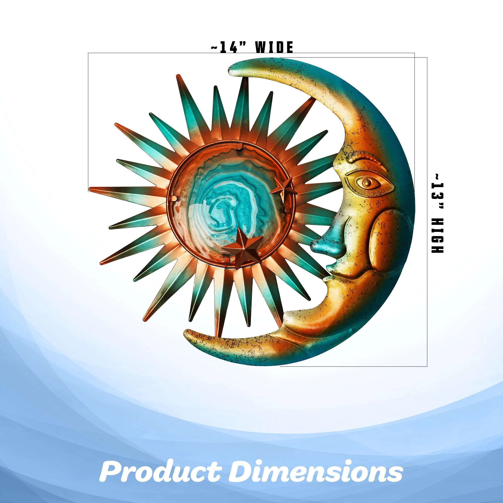 G128 Sun and Moon Metal Wall Art, Hand-Painted Turquoise Metal Sculpture for Indoor and Outdoor Hanging