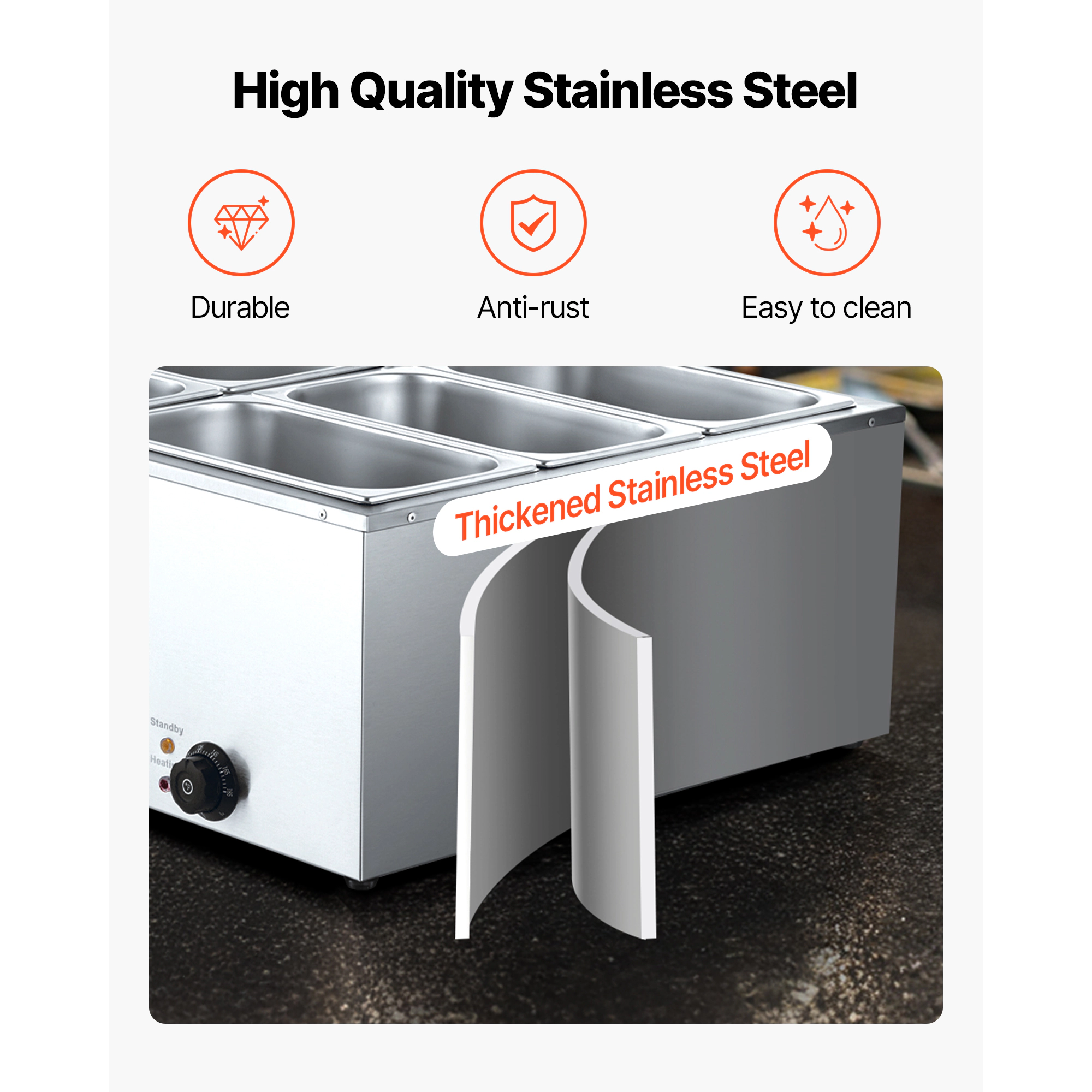 HONGGE Commercial Food Warmer 1500W Electric Stainless Steel Steam Food Warmer with Lid Fast Heating Countertop Buffet