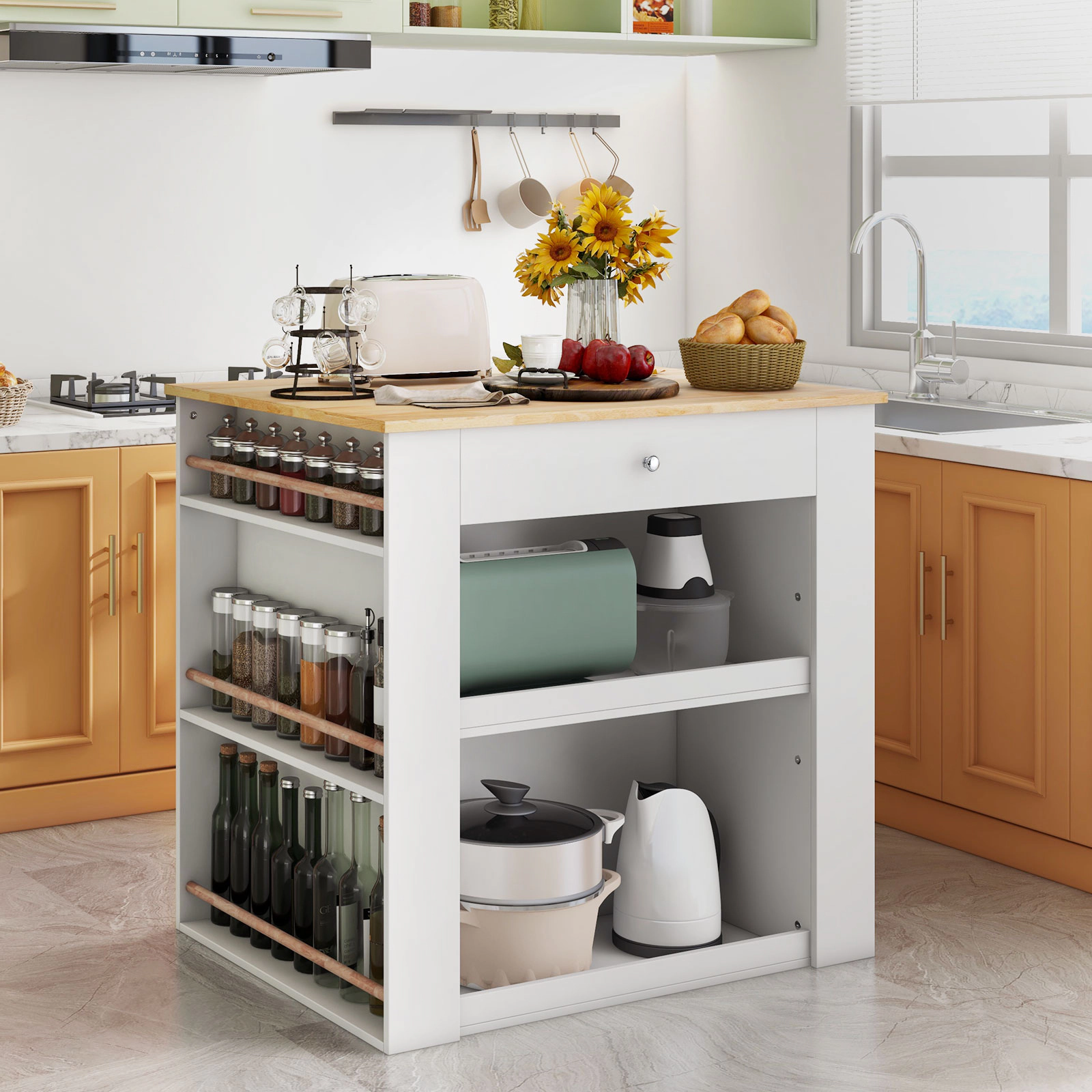SUGIFT Modern Kitchen Island Prep Table with Rubber Wood Countertop 6 Spice Racks and Storage Shelves