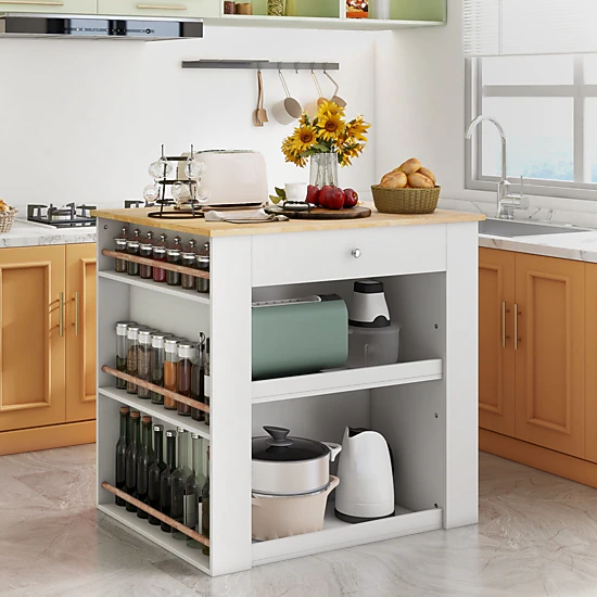SUGIFT Modern Kitchen Island Prep Table with Rubber Wood Countertop 6 Spice Racks and Storage Shelves