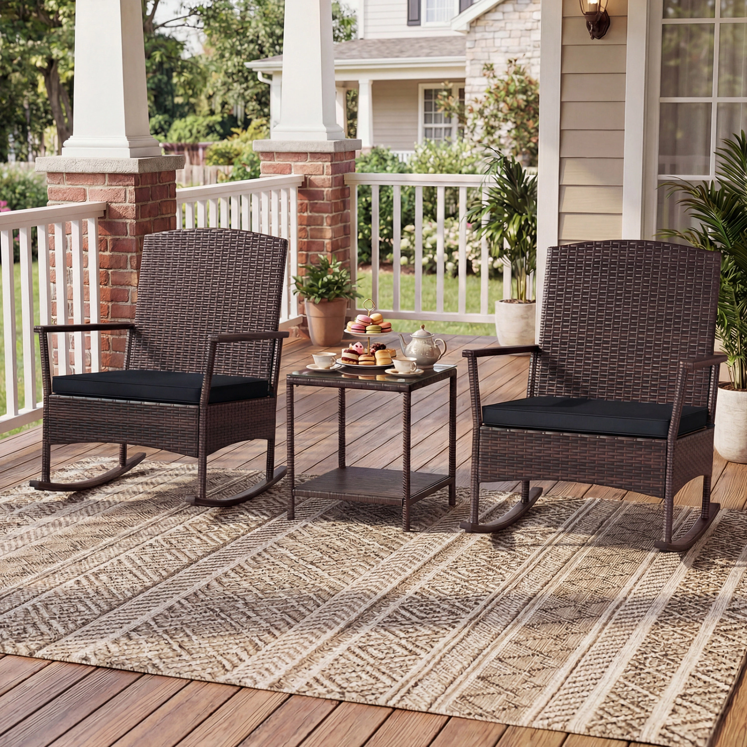 LJG 3 Piece Patio Rocking Set Wicker Chairs with 2-Tier Coffee Table