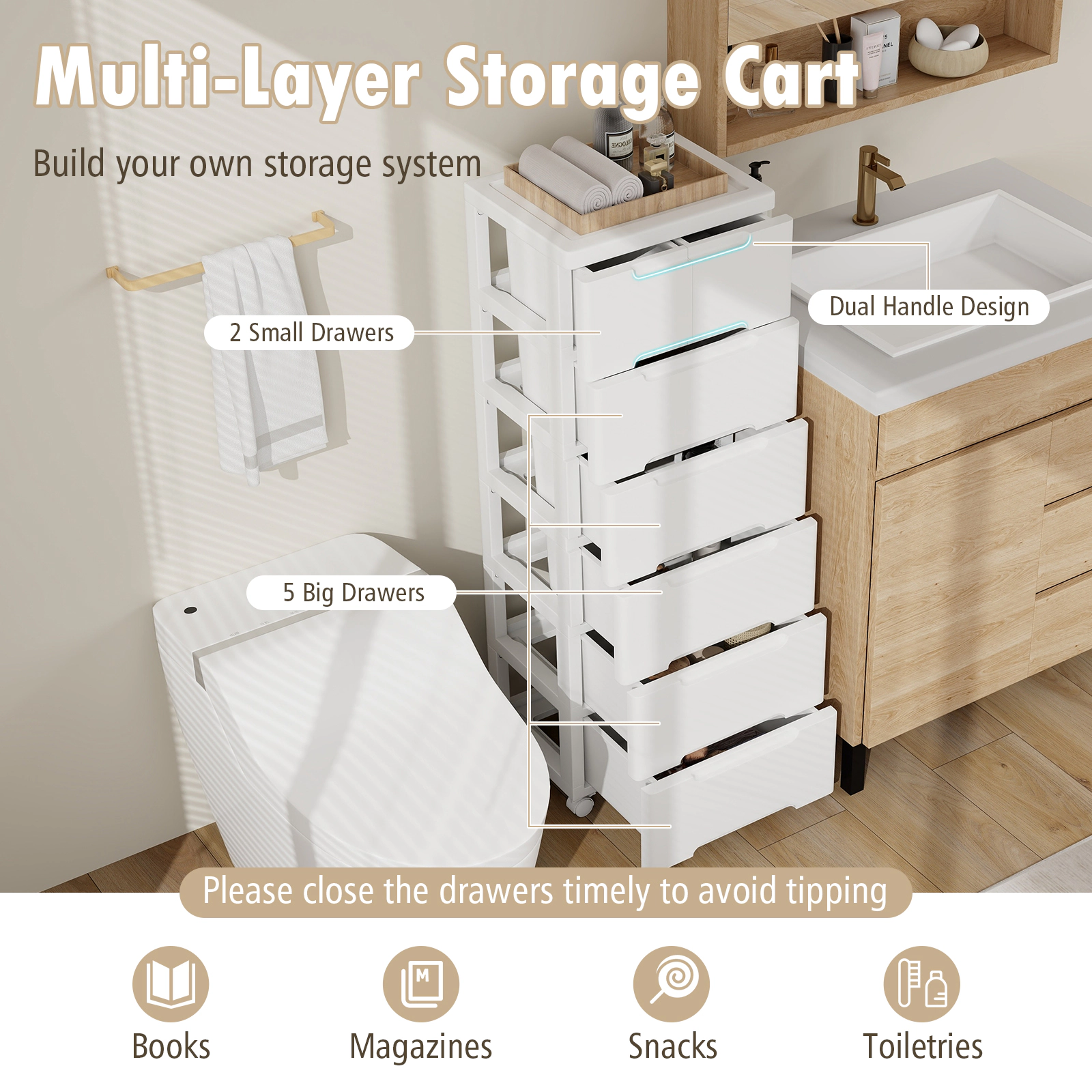 SUGIFT Rolling Multi-Layer Storage Cabinet Cart with Universal Wheels & 7 Drawers 22-lb Top Capacity 5.5-lb Small Drawer