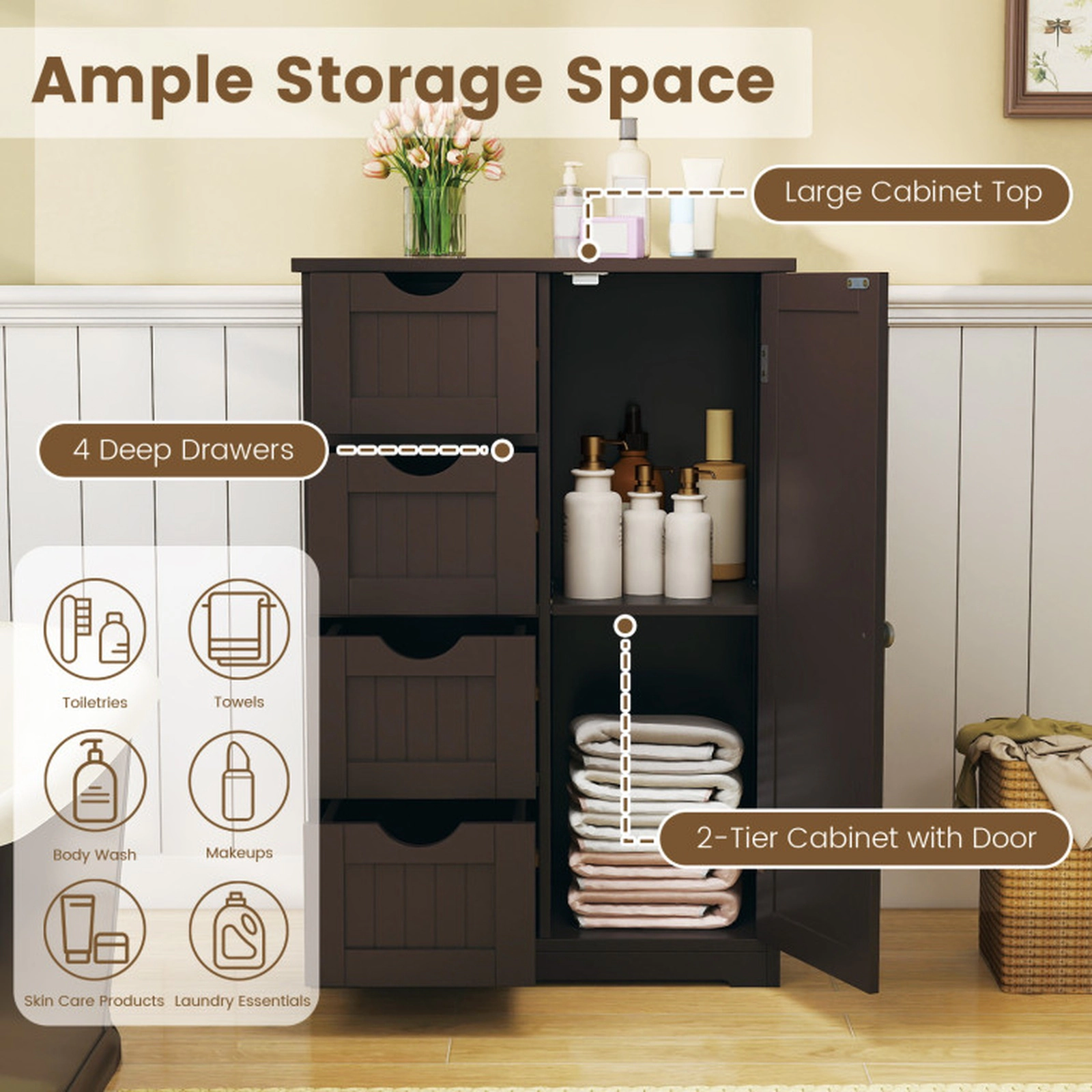 SUGIFT Brown 143-lb Capacity 4-Drawer Freestanding Wood Storage Cabinet with Side Door and Anti-Tip Kits